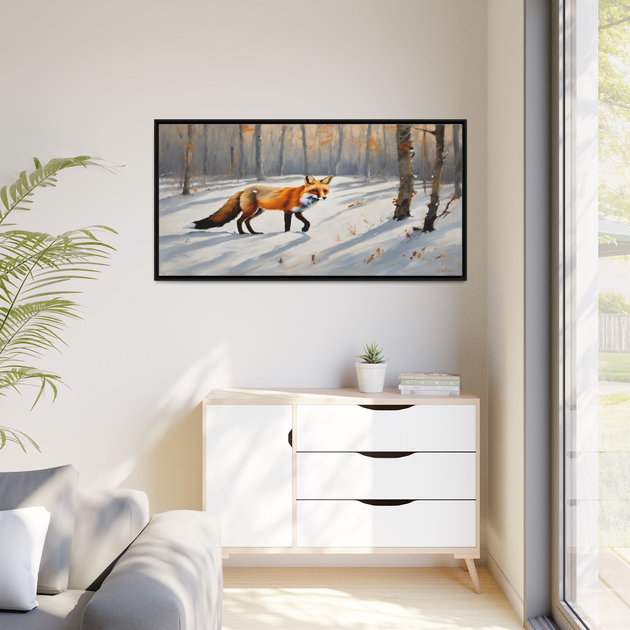 Red Fox Oil Painting Print – Winter Forest Wildlife Landscape Wall Art