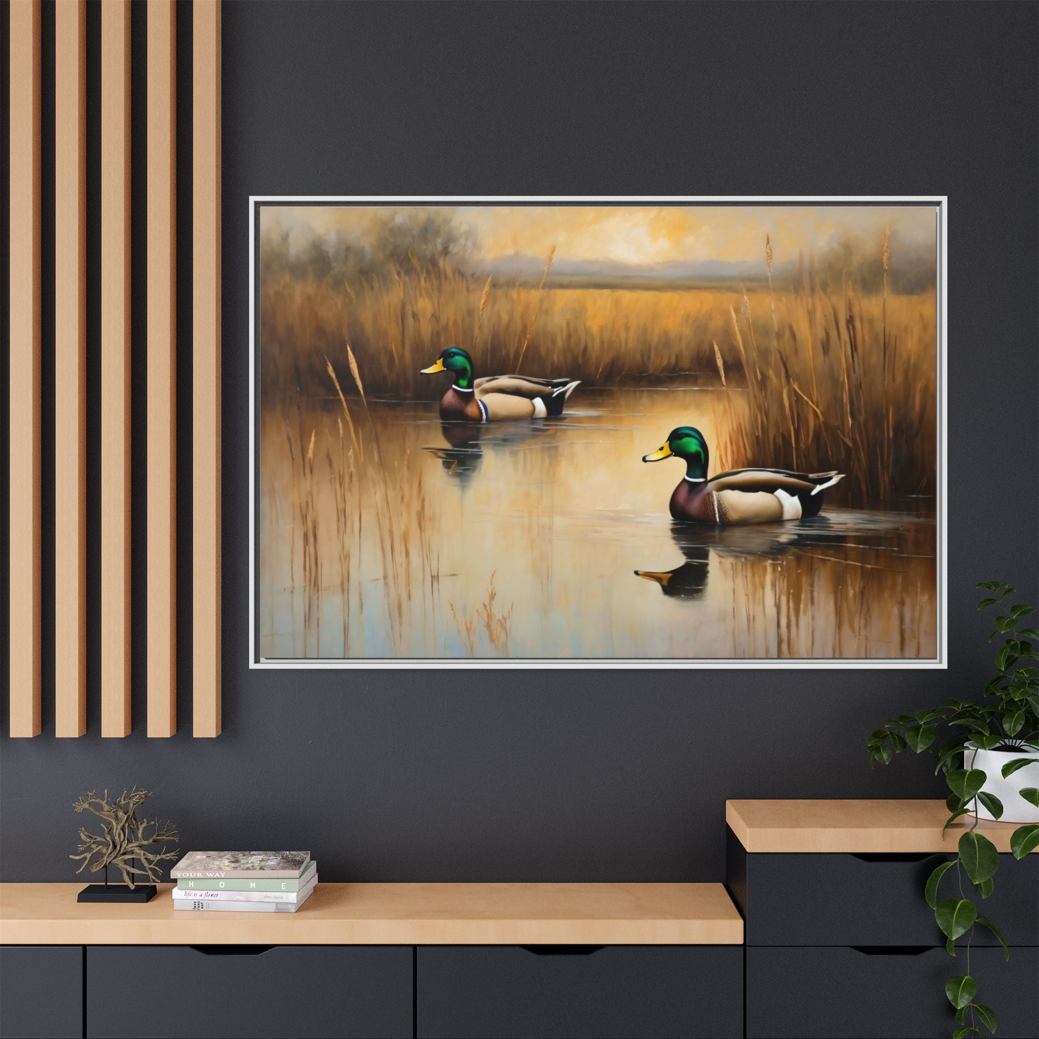 Mallard Ducks Oil Painting Print – Vintage Woodland Cabin Wall Art