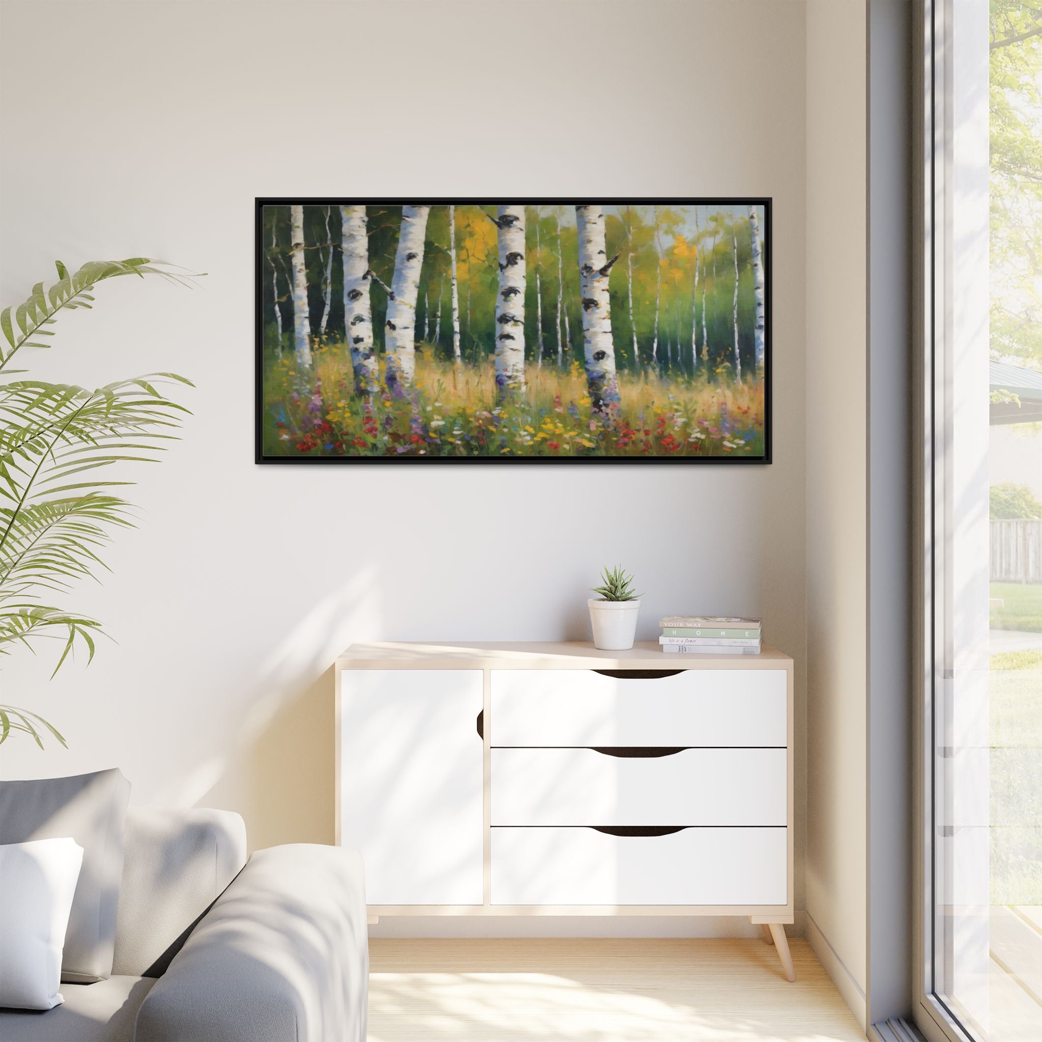 Spring  Wildflower Forest Oil Painting Print, Birch Trees Landscape Canvas Wall Art