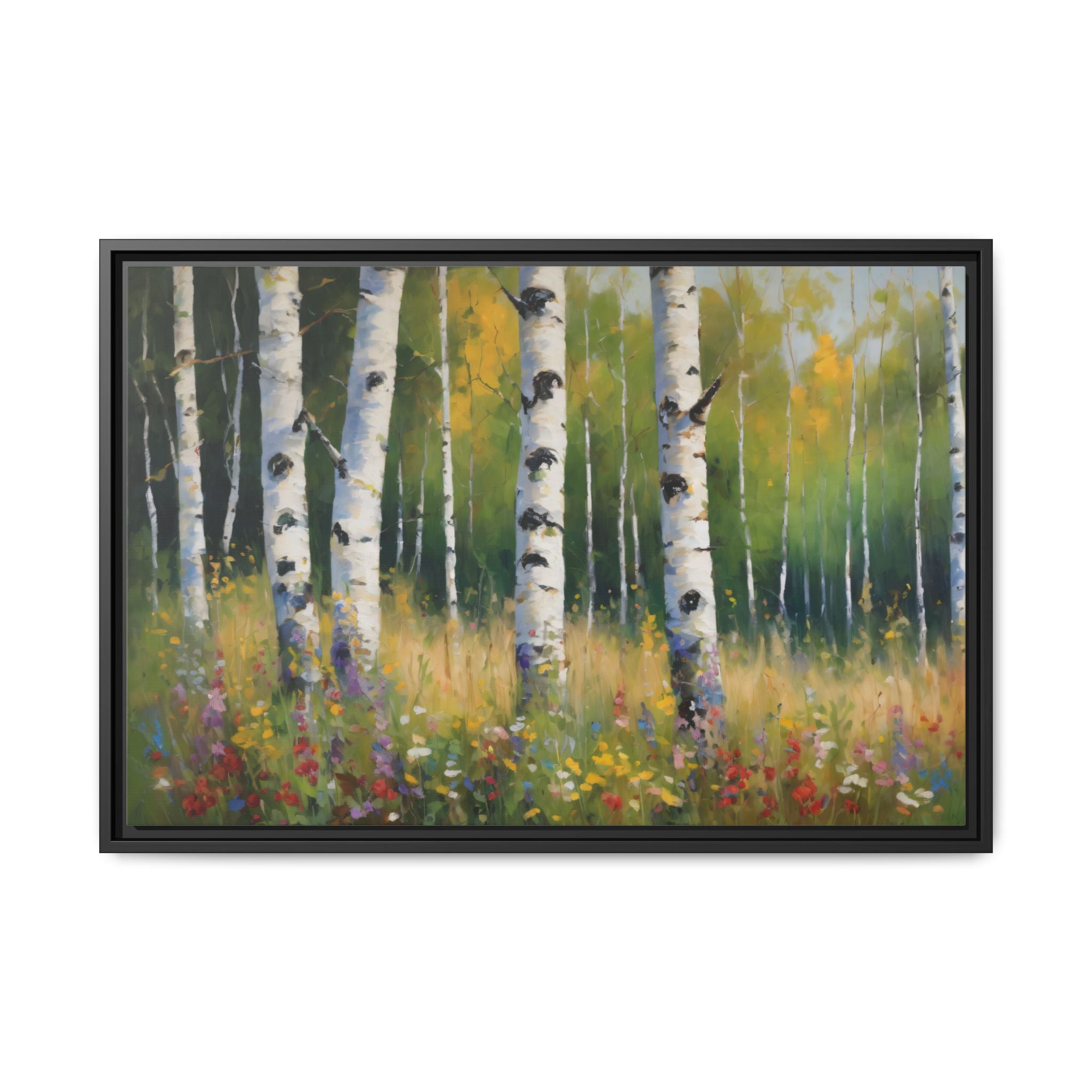 Spring  Wildflower Forest Oil Painting Print, Birch Trees Landscape Canvas Wall Art