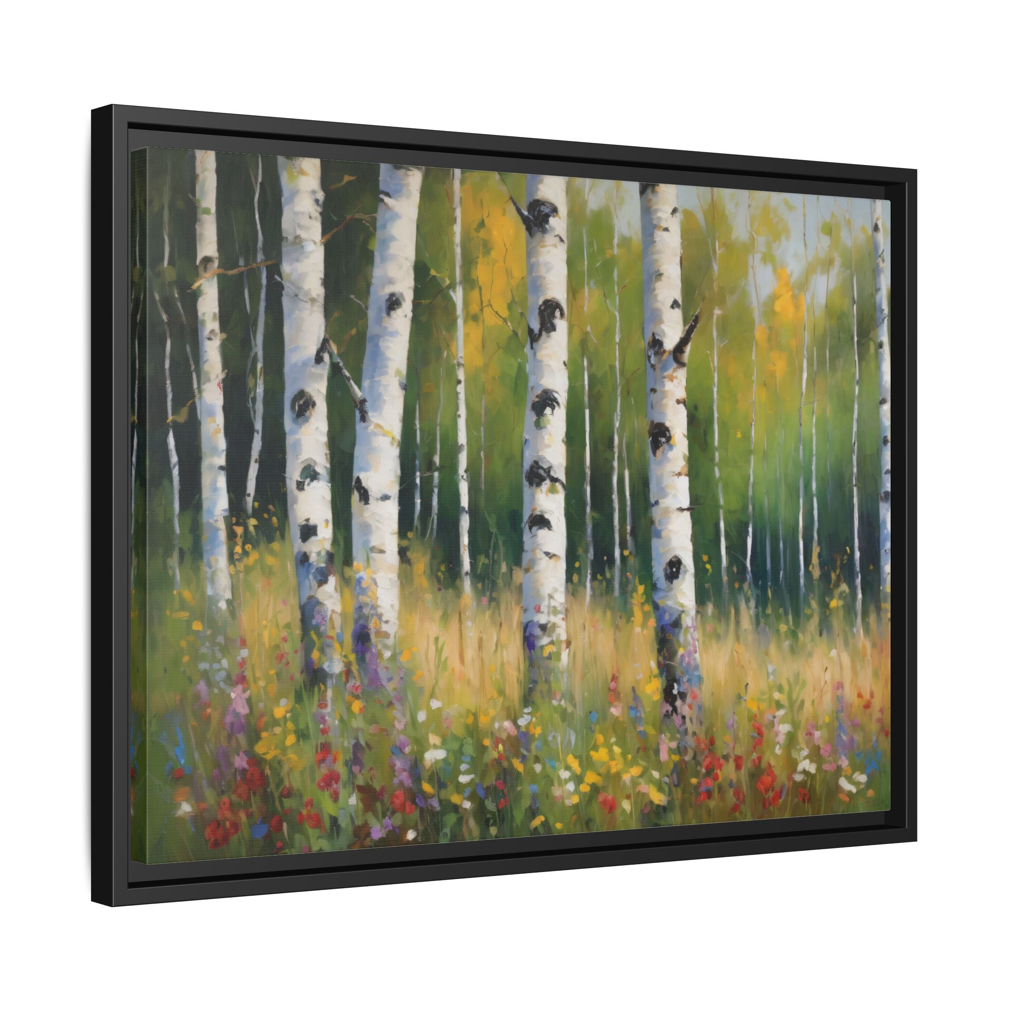 Spring  Wildflower Forest Oil Painting Print, Birch Trees Landscape Canvas Wall Art