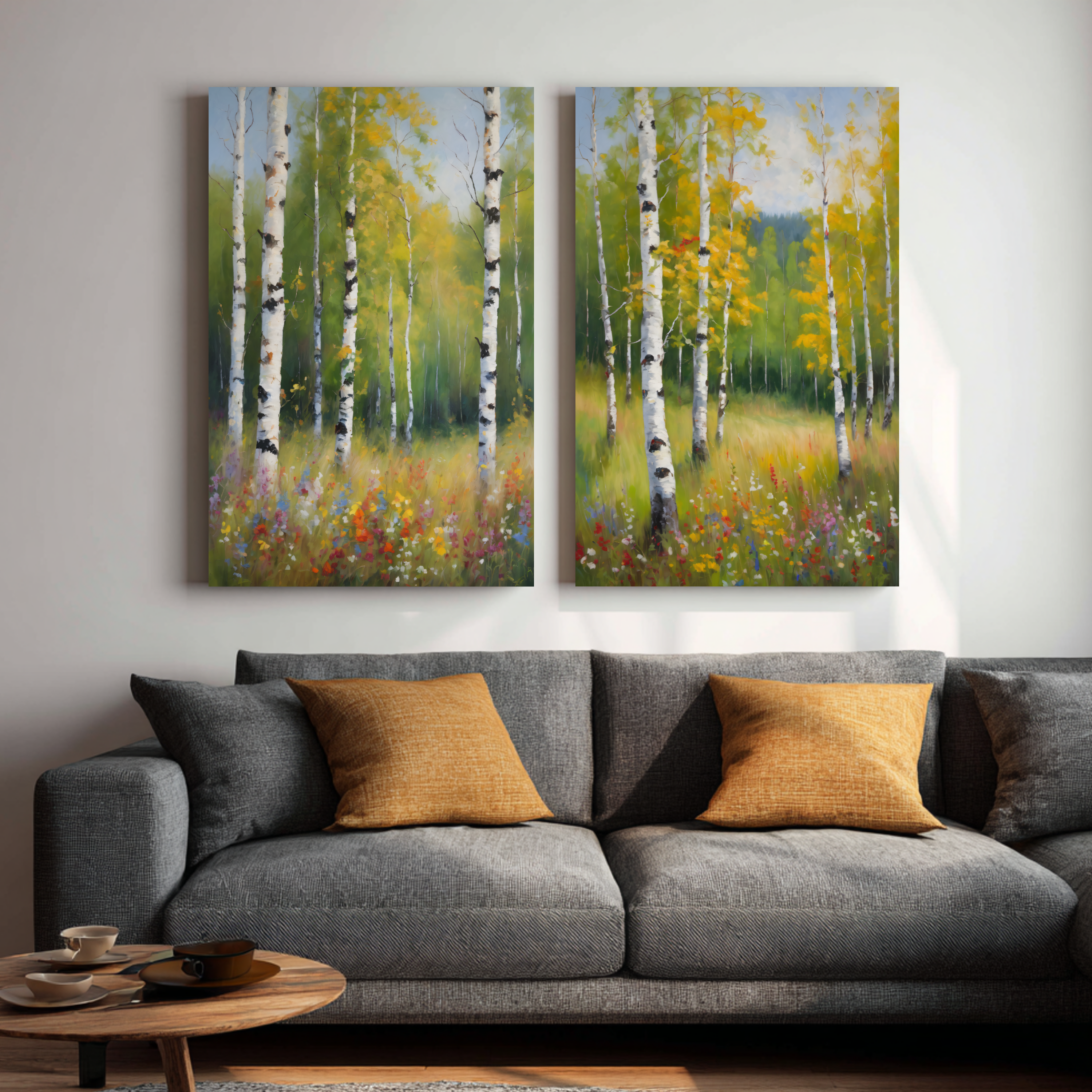 Set of 2 Birch Forest Oil Painting Prints, Spring Woodland Canvas Decor