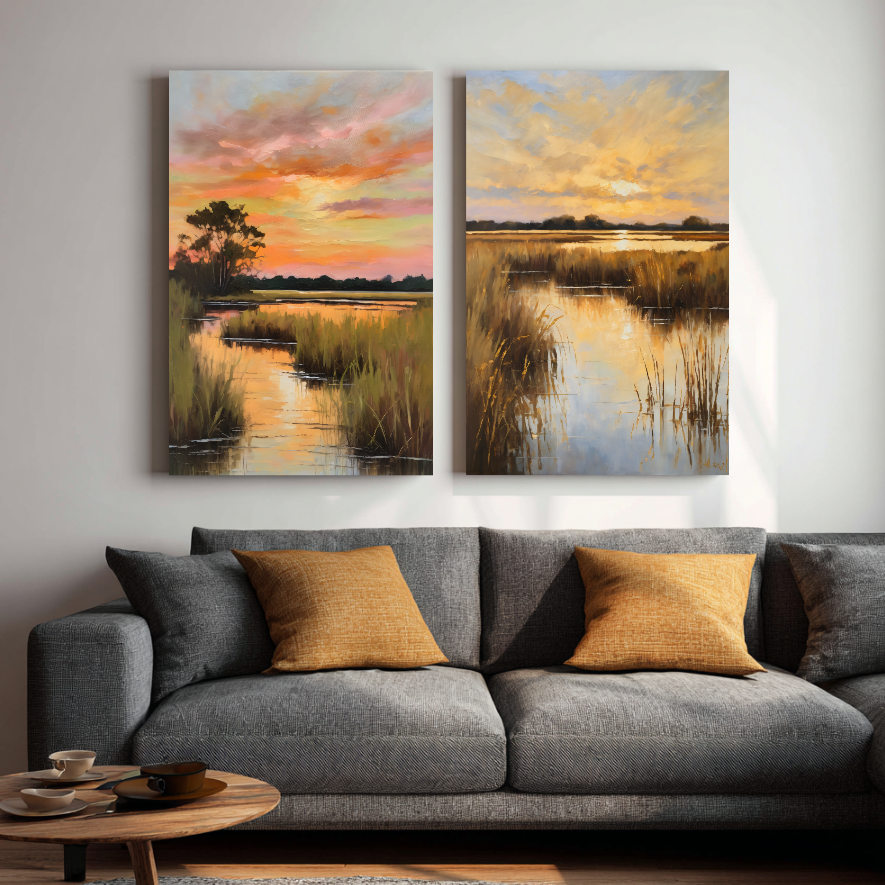 Set of 2 Salt Marsh Oil Painting Print – Lowcountry Sunset Landscape Wall Art
