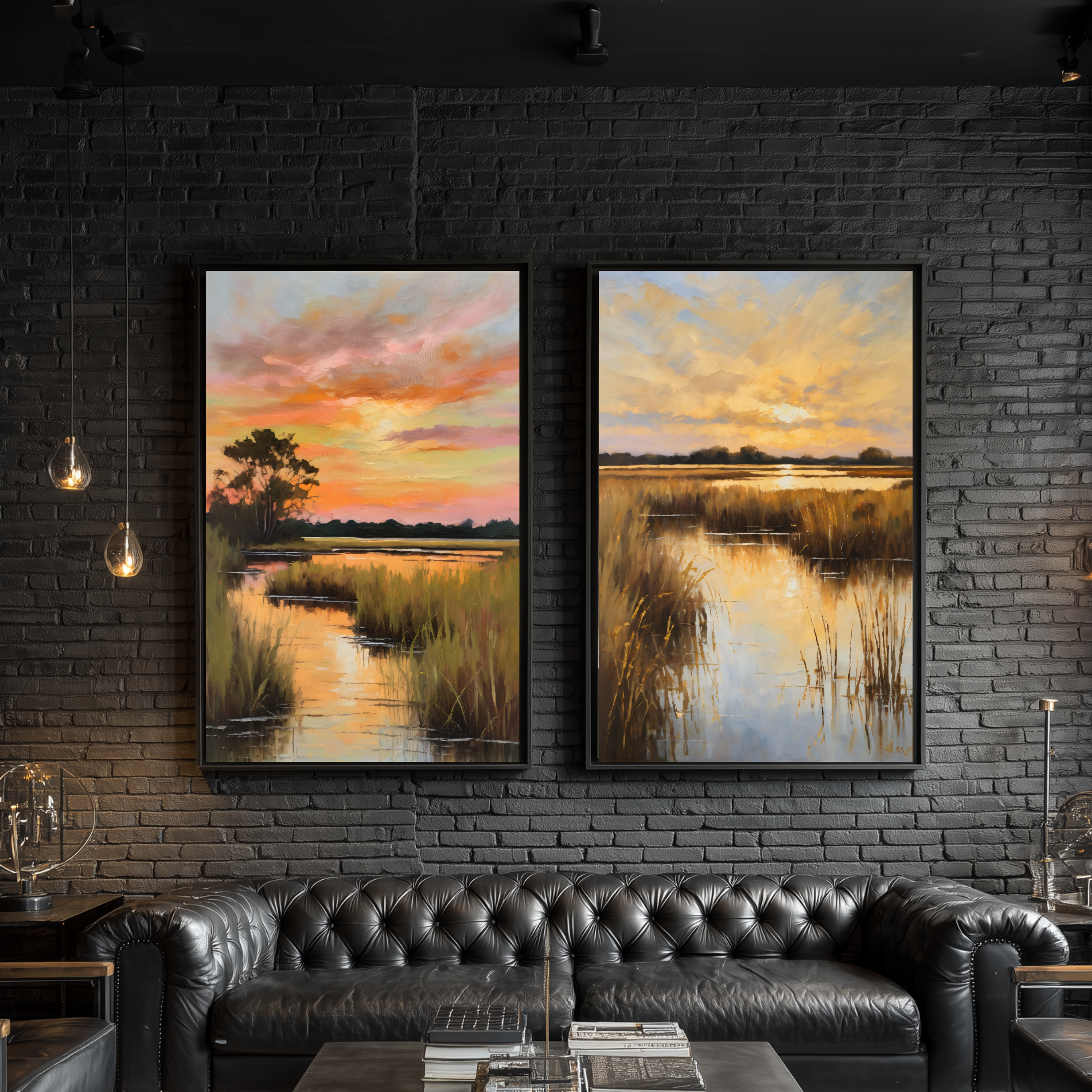 Set of 2 Salt Marsh Oil Painting Print – Lowcountry Sunset Landscape Wall Art
