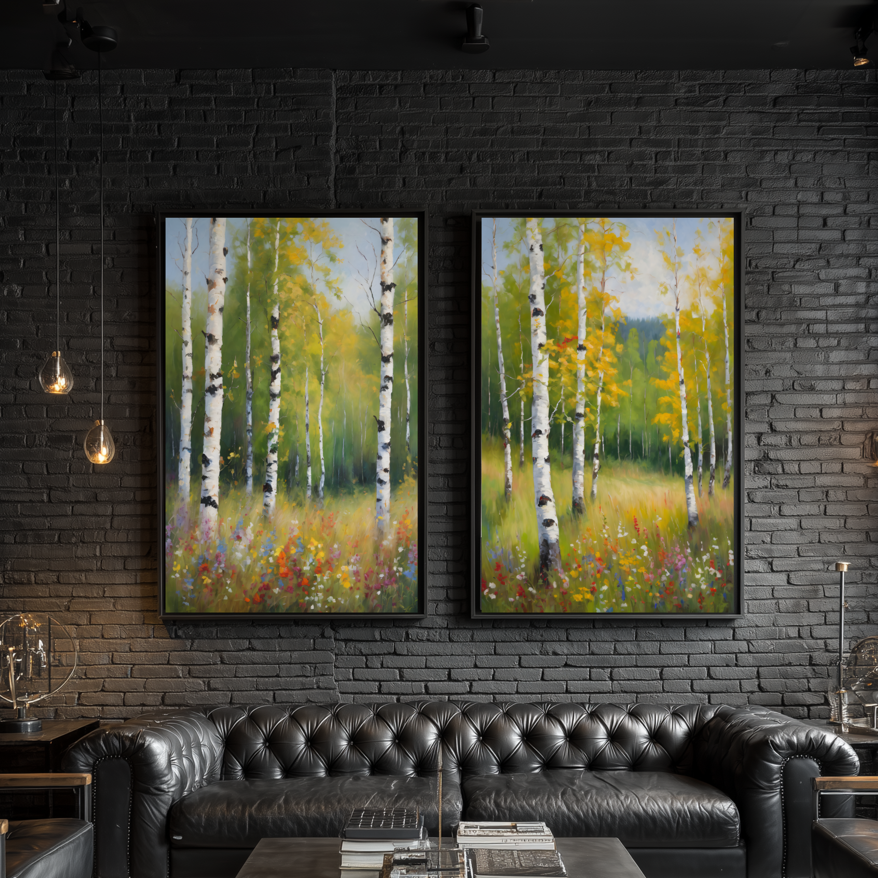 Set of 2 Birch Forest Oil Painting Prints, Spring Woodland Canvas Decor