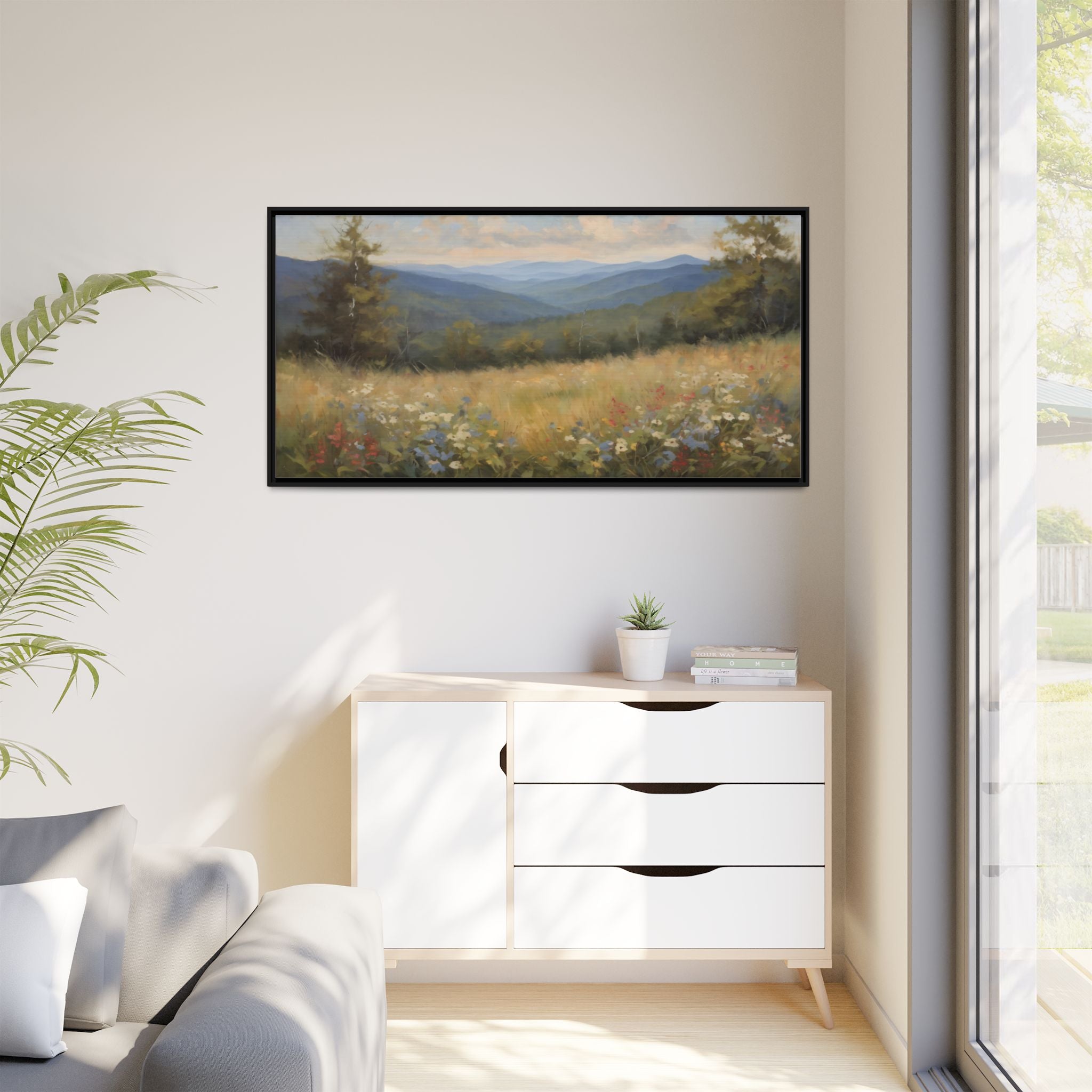 Blue Ridge Mountains Oil Painting Print, Wildflower Landscape Canvas Decor