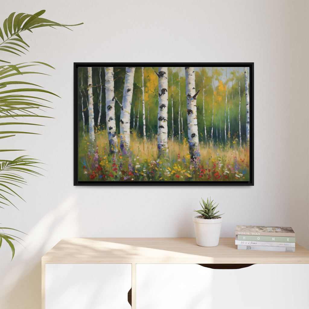 Spring  Wildflower Forest Oil Painting Print, Birch Trees Landscape Canvas Wall Art