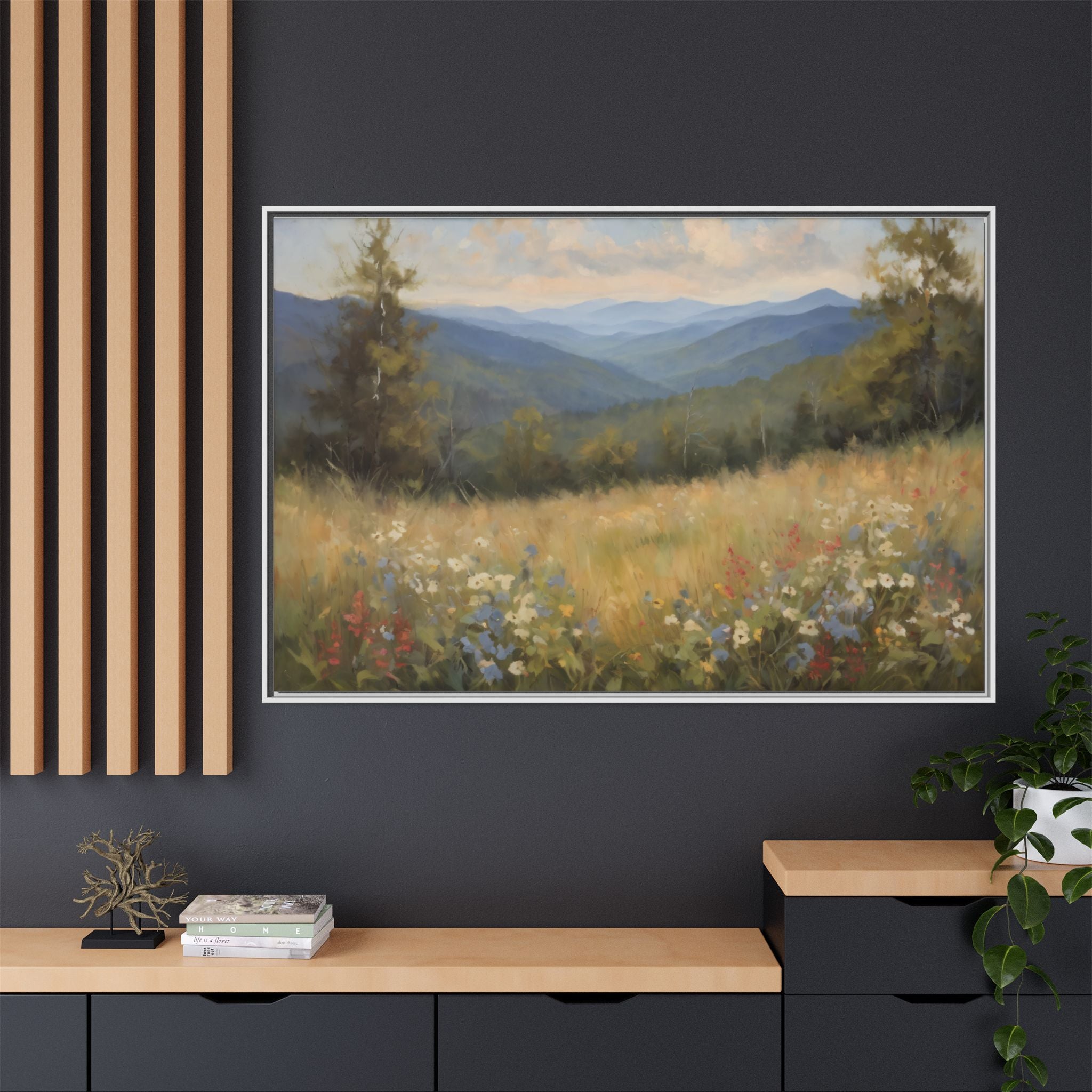 Blue Ridge Mountains Oil Painting Print, Wildflower Landscape Canvas Decor