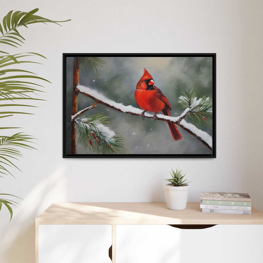 Red Cardinal Oil Painting Print – Snowy Winter Wildlife Wall Art