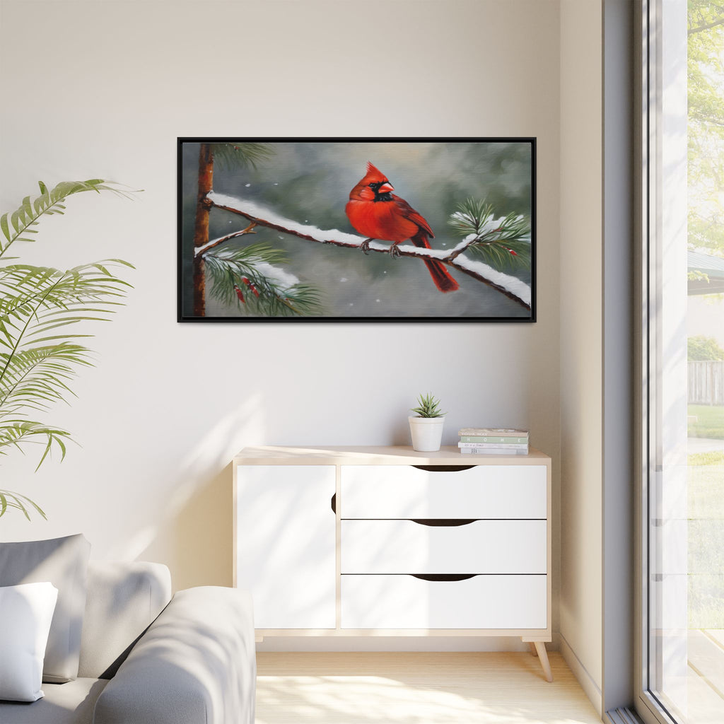Red Cardinal Oil Painting Print – Snowy Winter Wildlife Wall Art