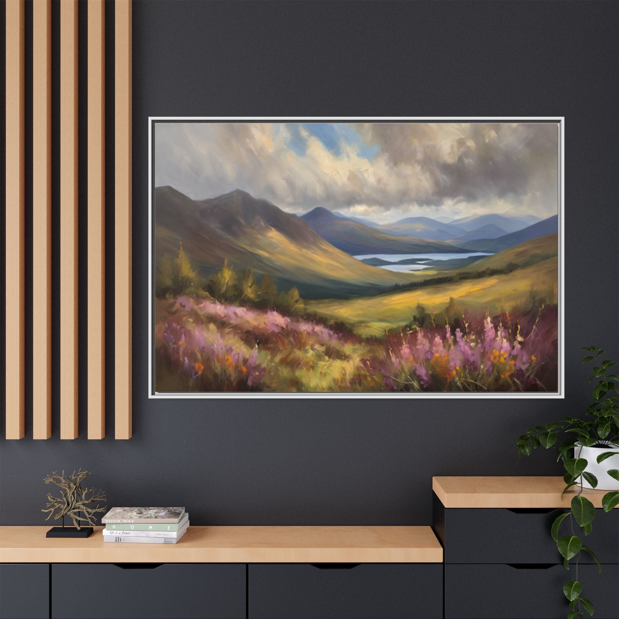 Scottish Highlands Oil Painting Print – Floral Highland Mountain Landscape Wall Art