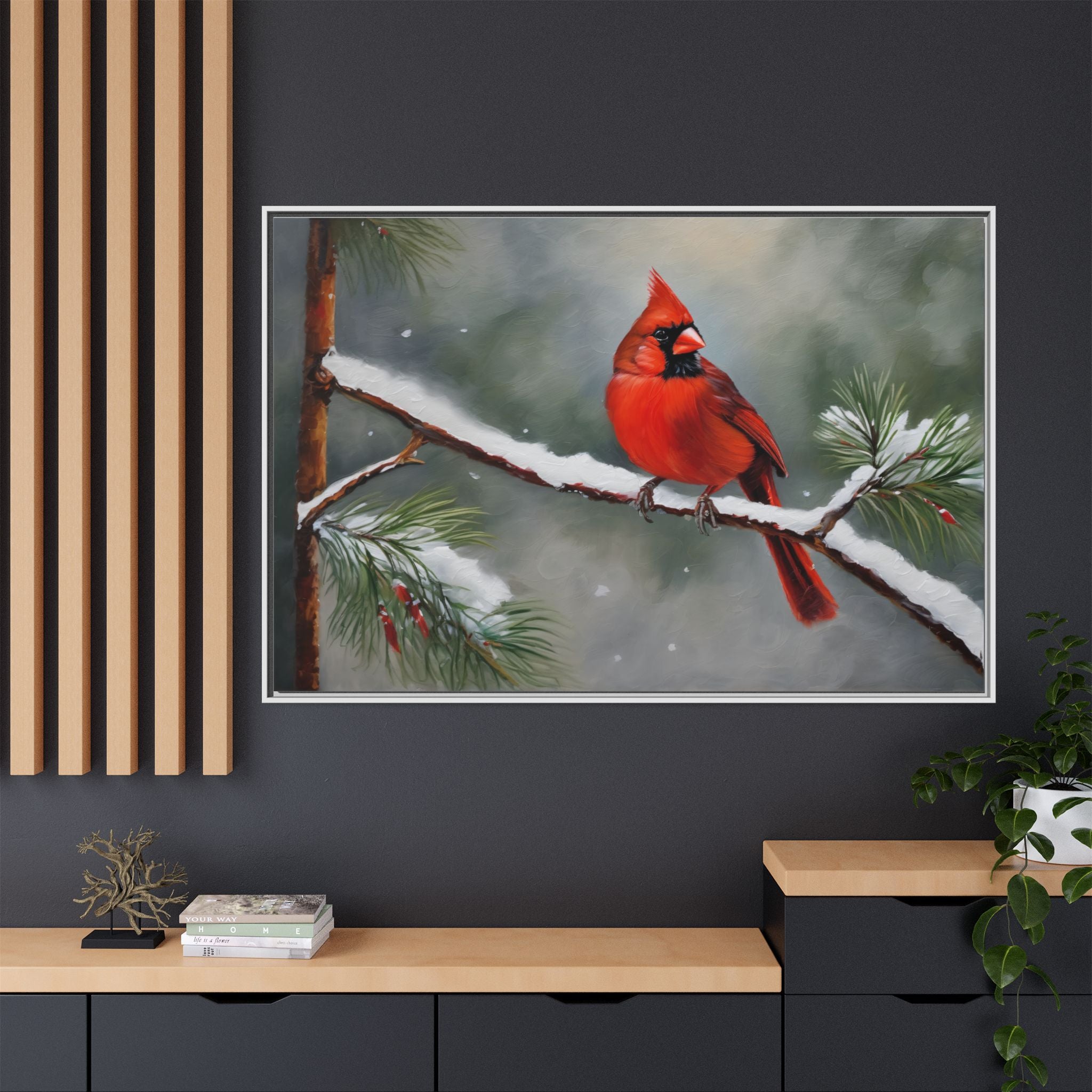 Red Cardinal Oil Painting Print – Snowy Winter Wildlife Wall Art