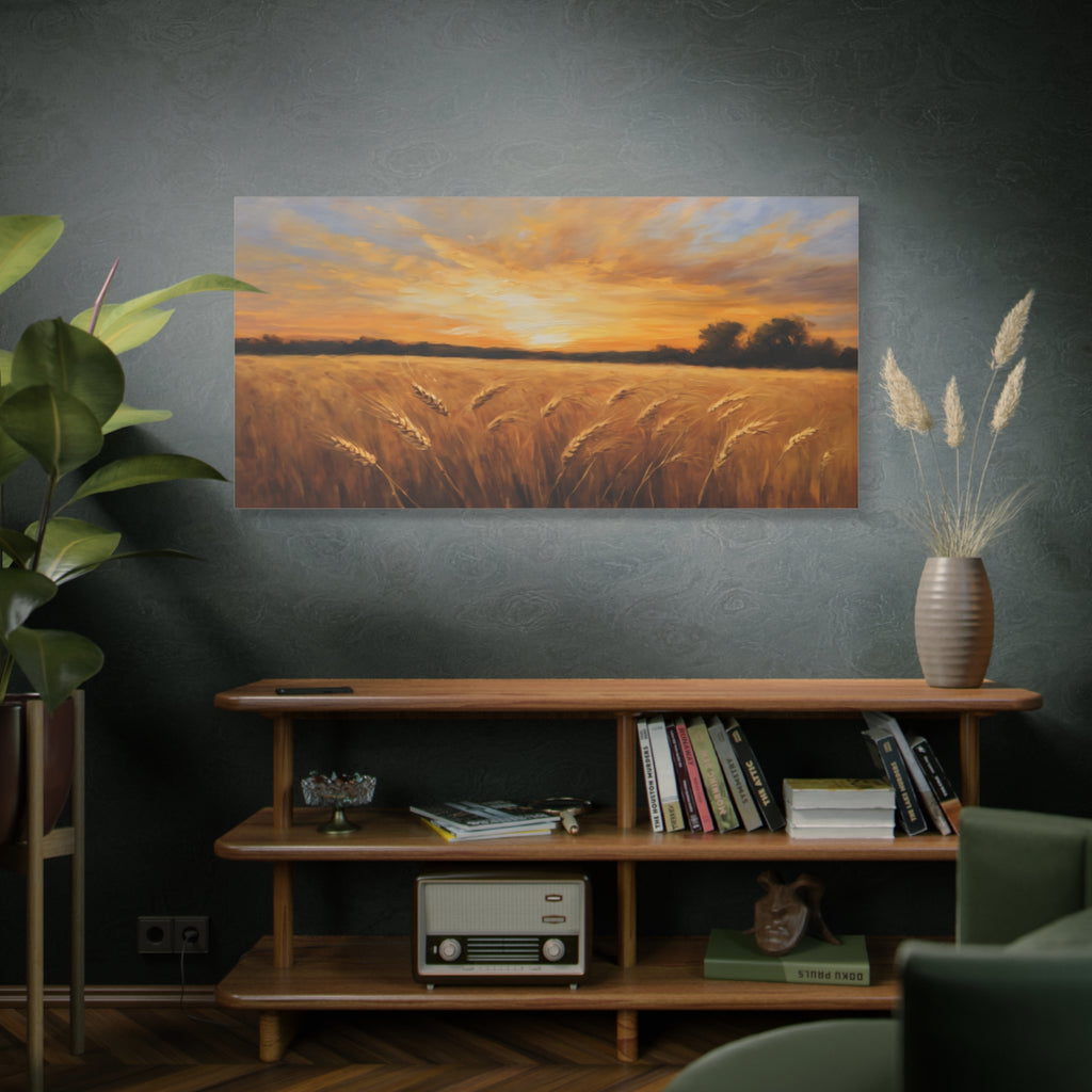 Golden Wheat Field Oil Painting Print – Rustic Farm Landscape Wall Art