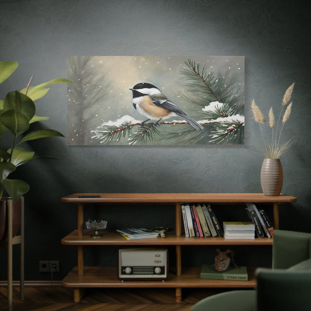 Chickadee Bird Oil Painting Print – Winter Pine Wildlife Wall Art