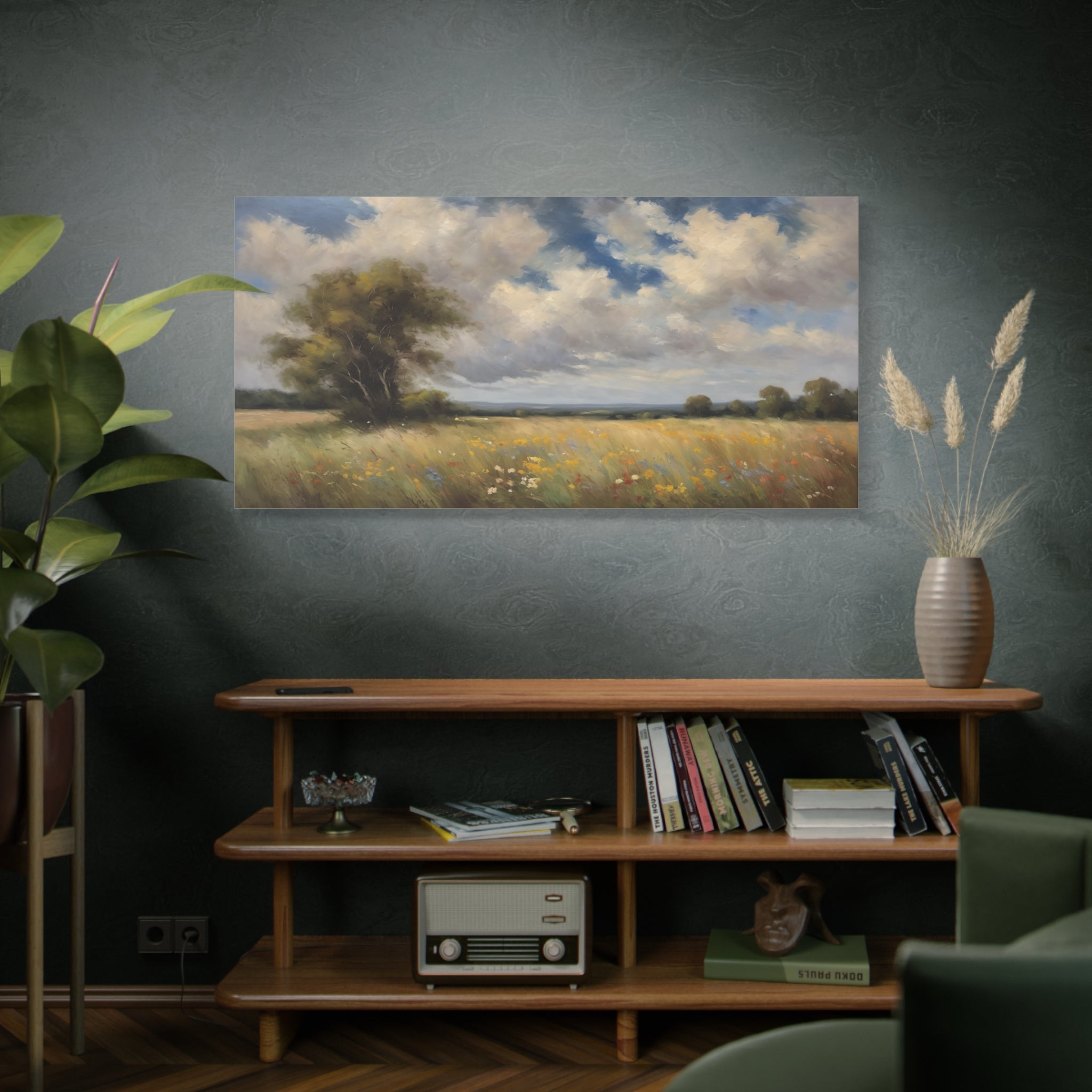 Vintage Wildflower Meadow Oil Painting Print – Rustic Countryside Landscape Wall Art