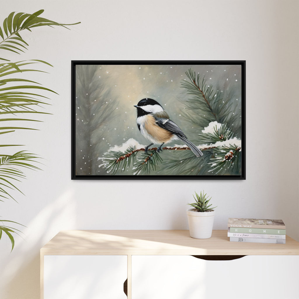 Chickadee Bird Oil Painting Print – Winter Pine Wildlife Wall Art