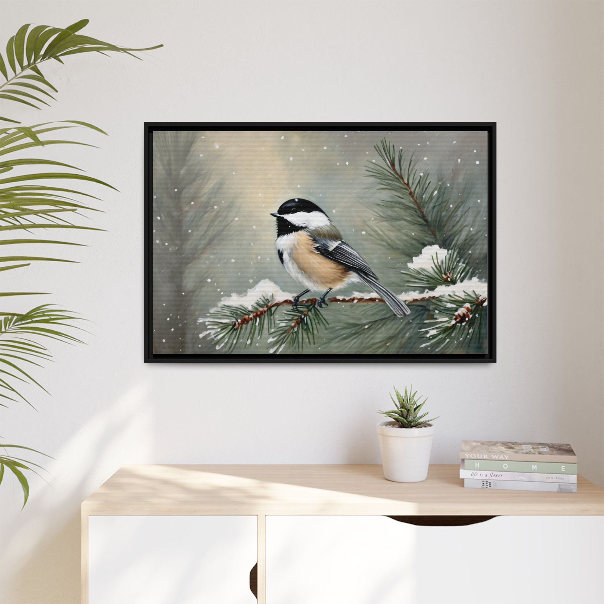 Chickadee Bird Oil Painting Print – Winter Pine Wildlife Wall Art
