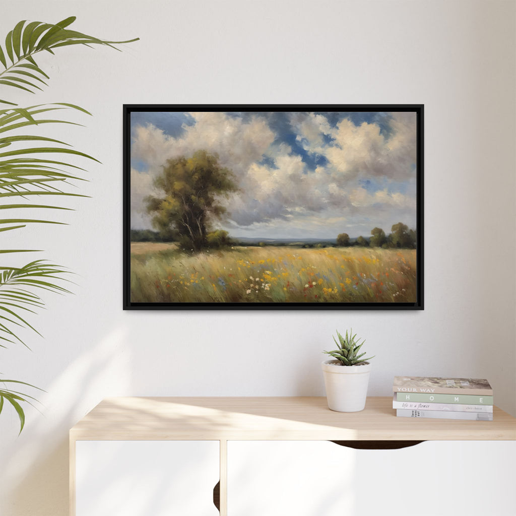 Vintage Wildflower Meadow Oil Painting Print – Rustic Countryside Landscape Wall Art