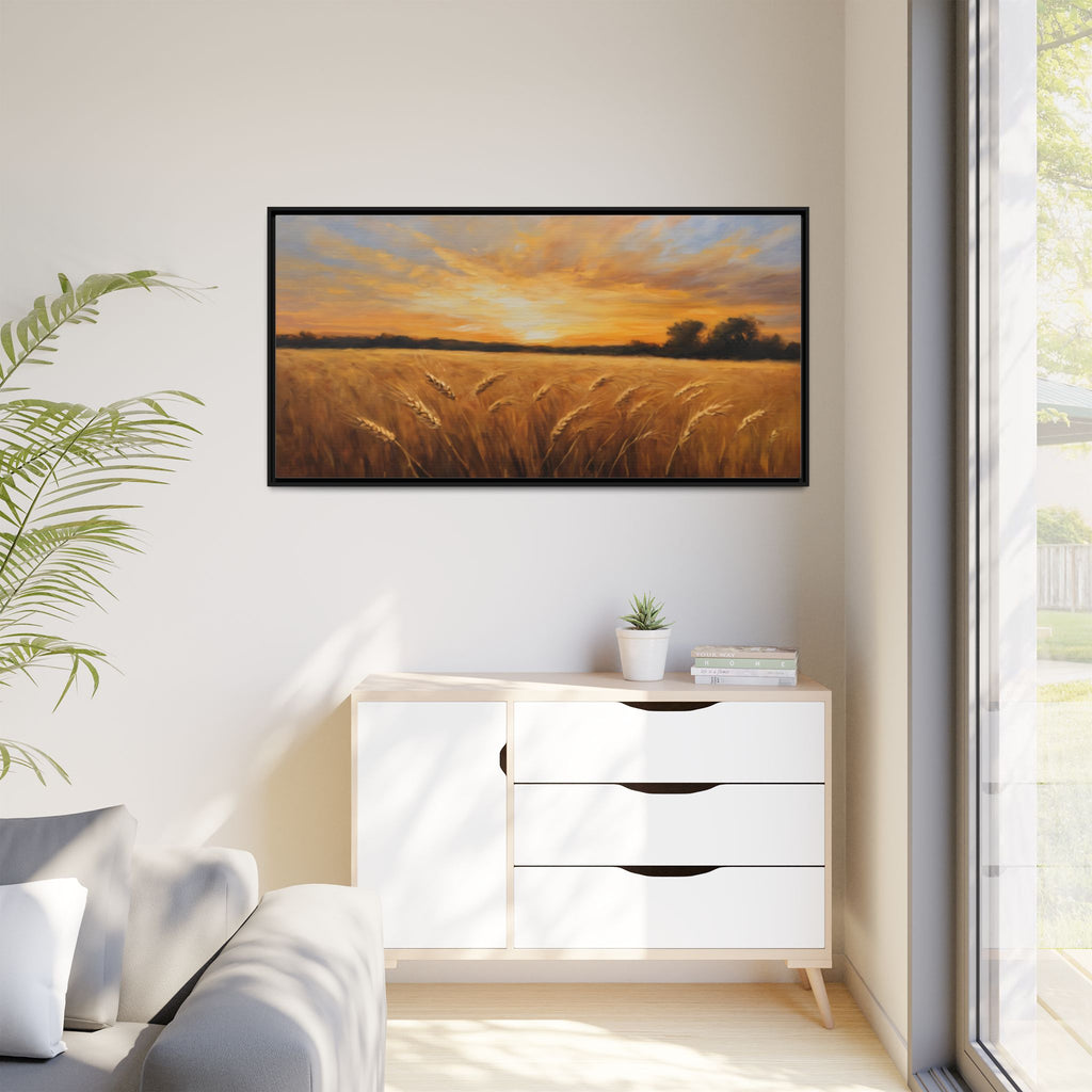 Golden Wheat Field Oil Painting Print – Rustic Farm Landscape Wall Art