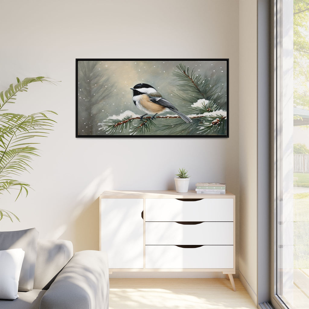 Chickadee Bird Oil Painting Print – Winter Pine Wildlife Wall Art