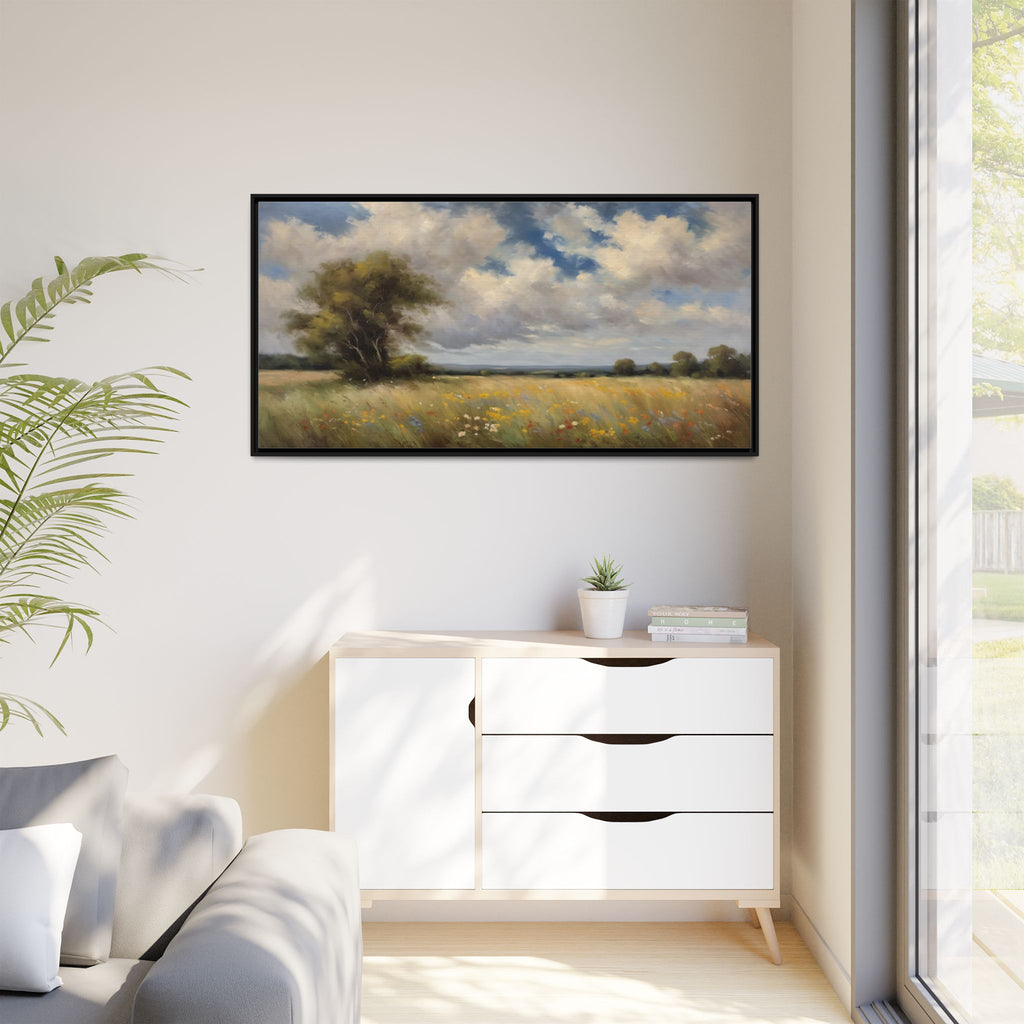 Vintage Wildflower Meadow Oil Painting Print – Rustic Countryside Landscape Wall Art