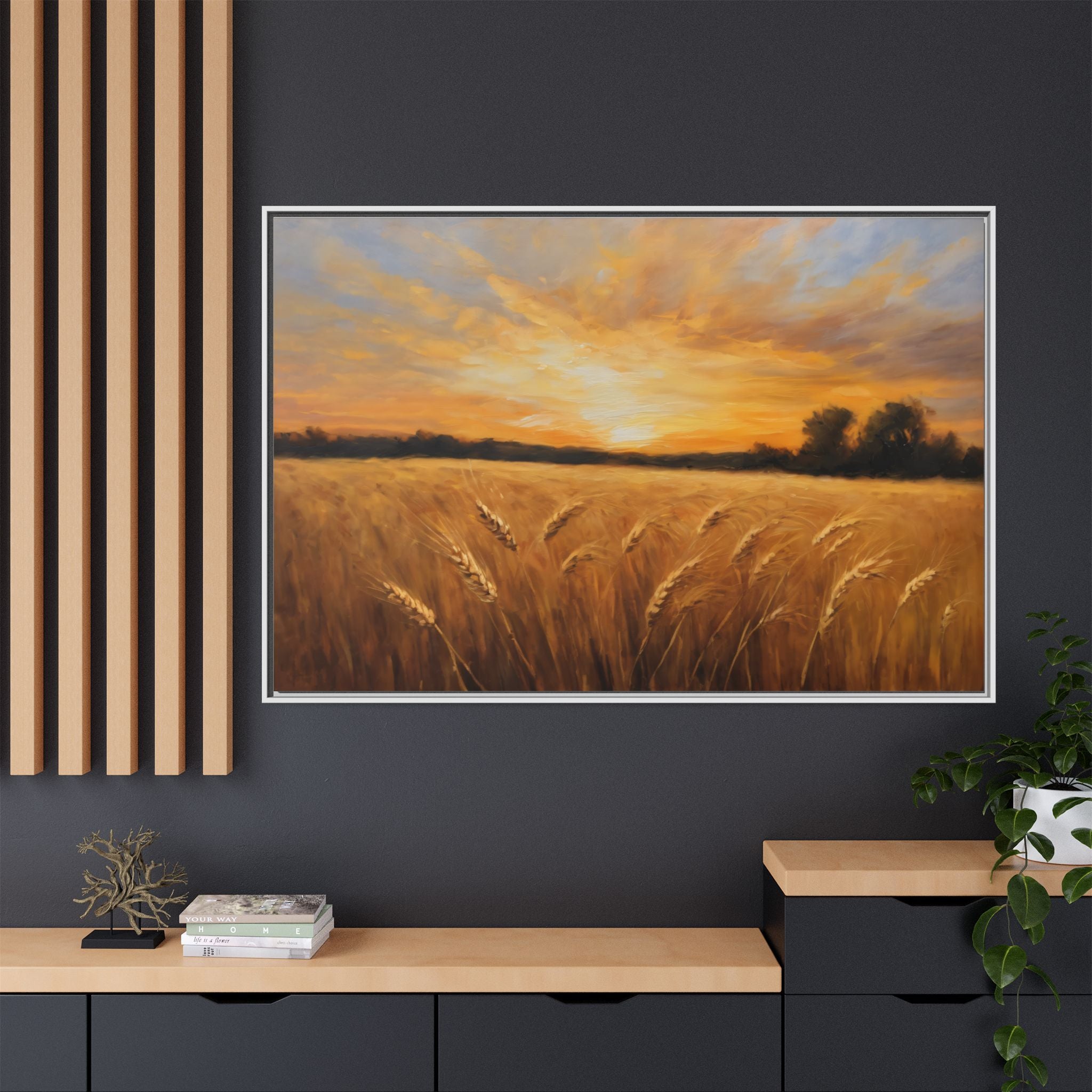 Golden Wheat Field Oil Painting Print – Rustic Farm Landscape Wall Art