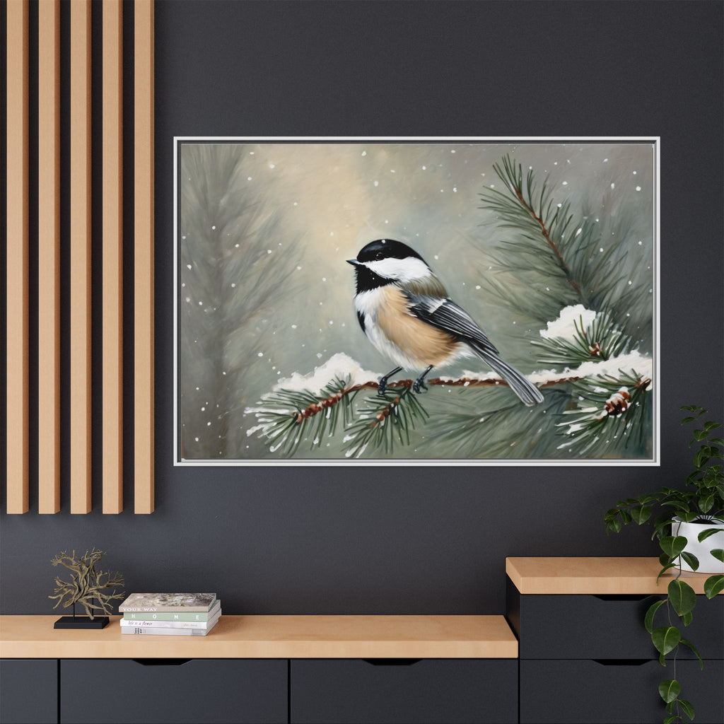 Chickadee Bird Oil Painting Print – Winter Pine Wildlife Wall Art