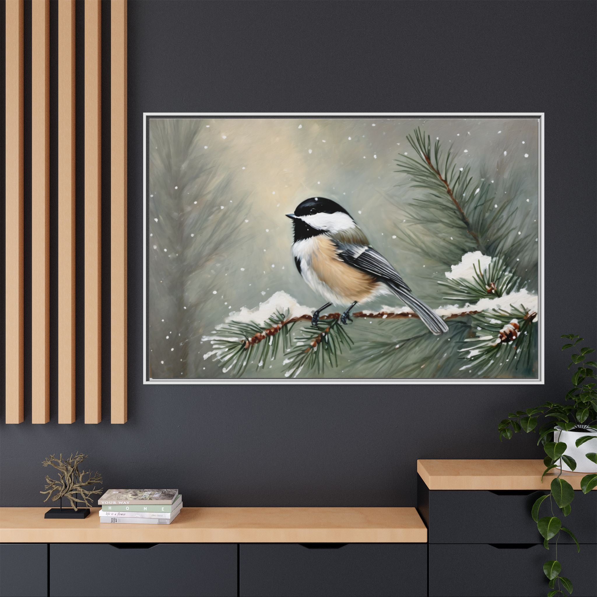 Chickadee Bird Oil Painting Print – Winter Pine Wildlife Wall Art
