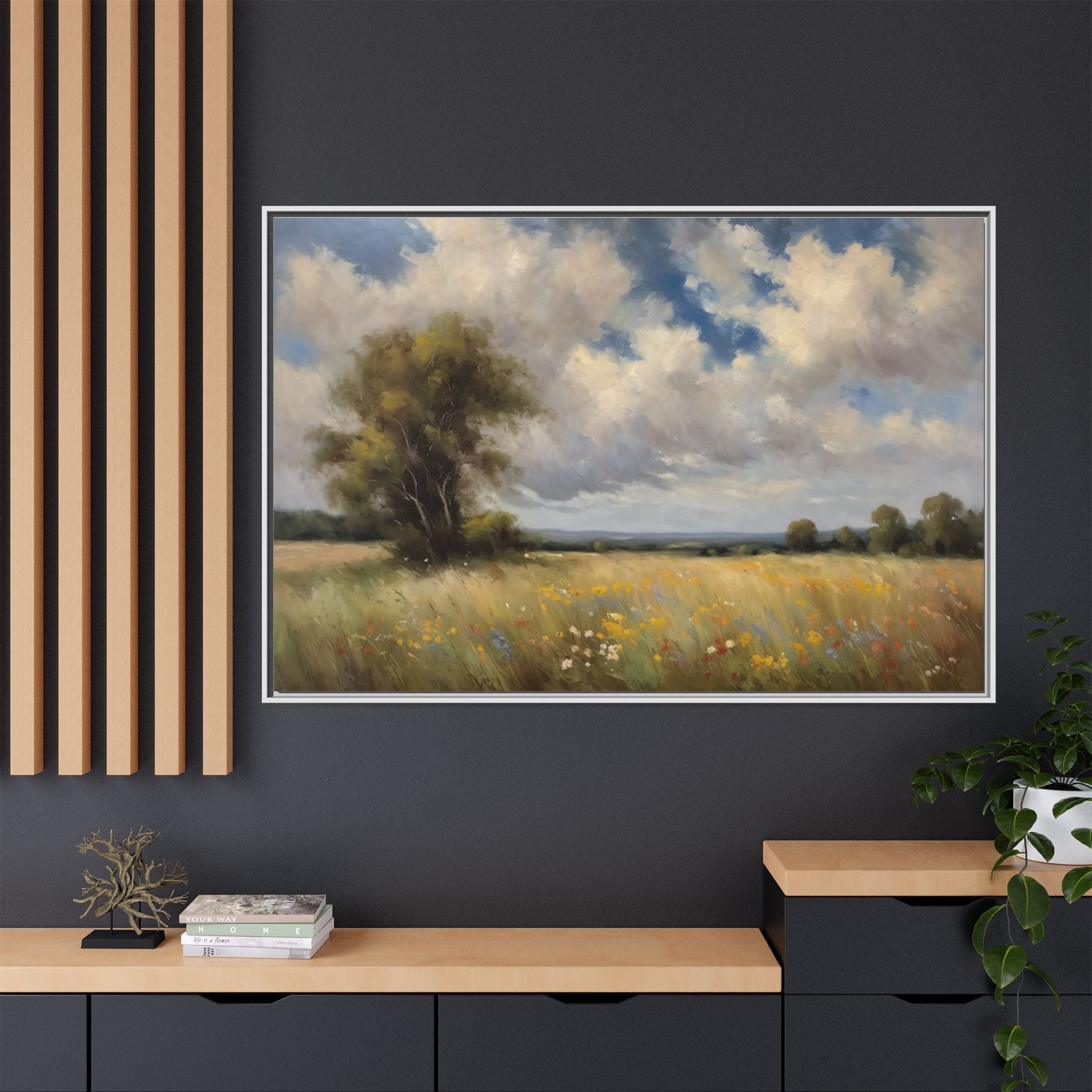Vintage Wildflower Meadow Oil Painting Print – Rustic Countryside Landscape Wall Art