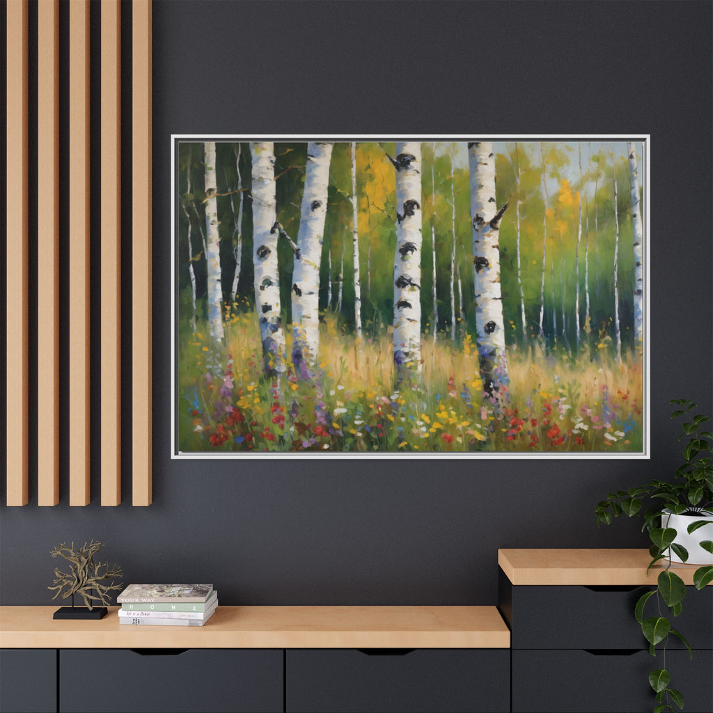 Spring  Wildflower Forest Oil Painting Print, Birch Trees Landscape Canvas Wall Art