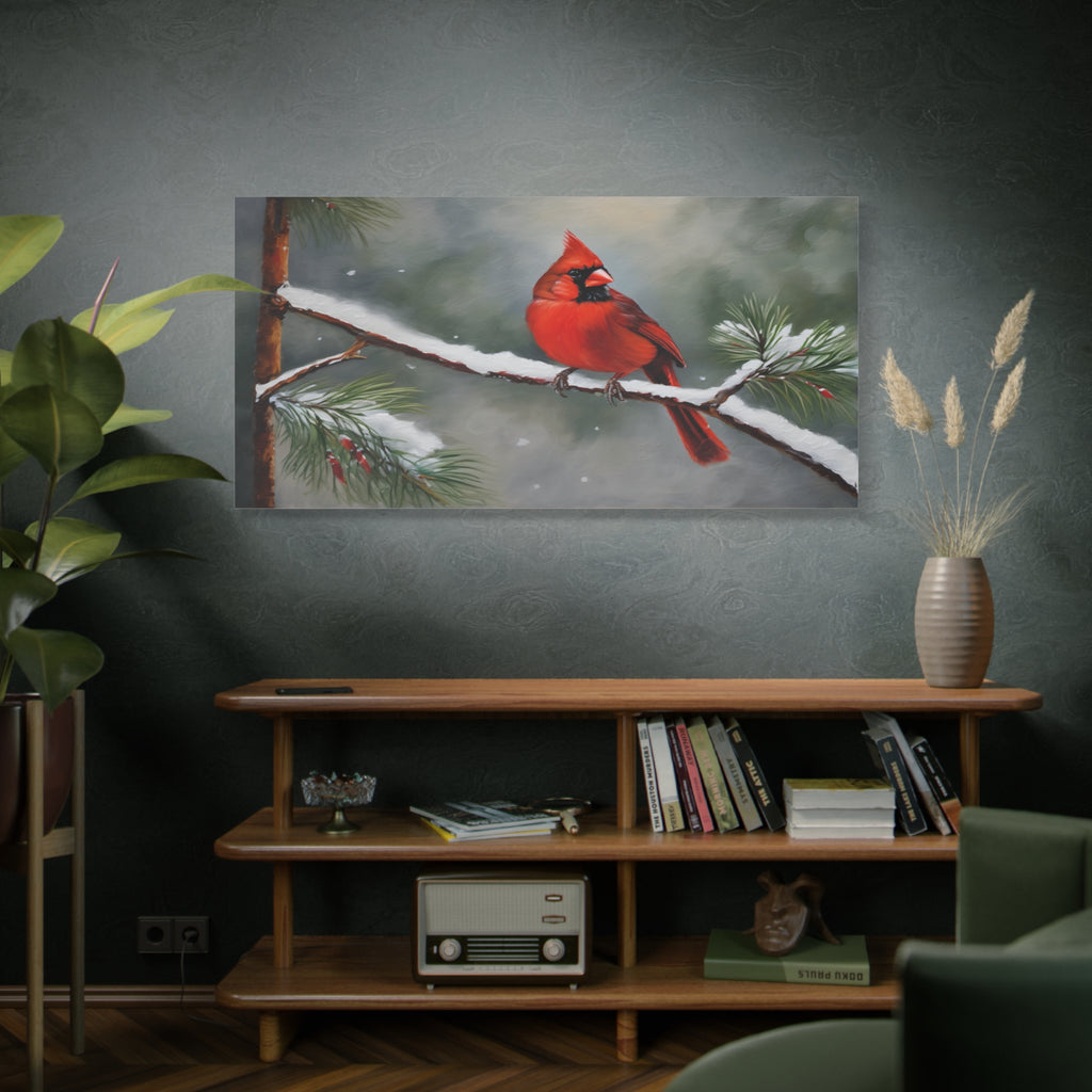 Red Cardinal Oil Painting Print – Snowy Winter Wildlife Wall Art