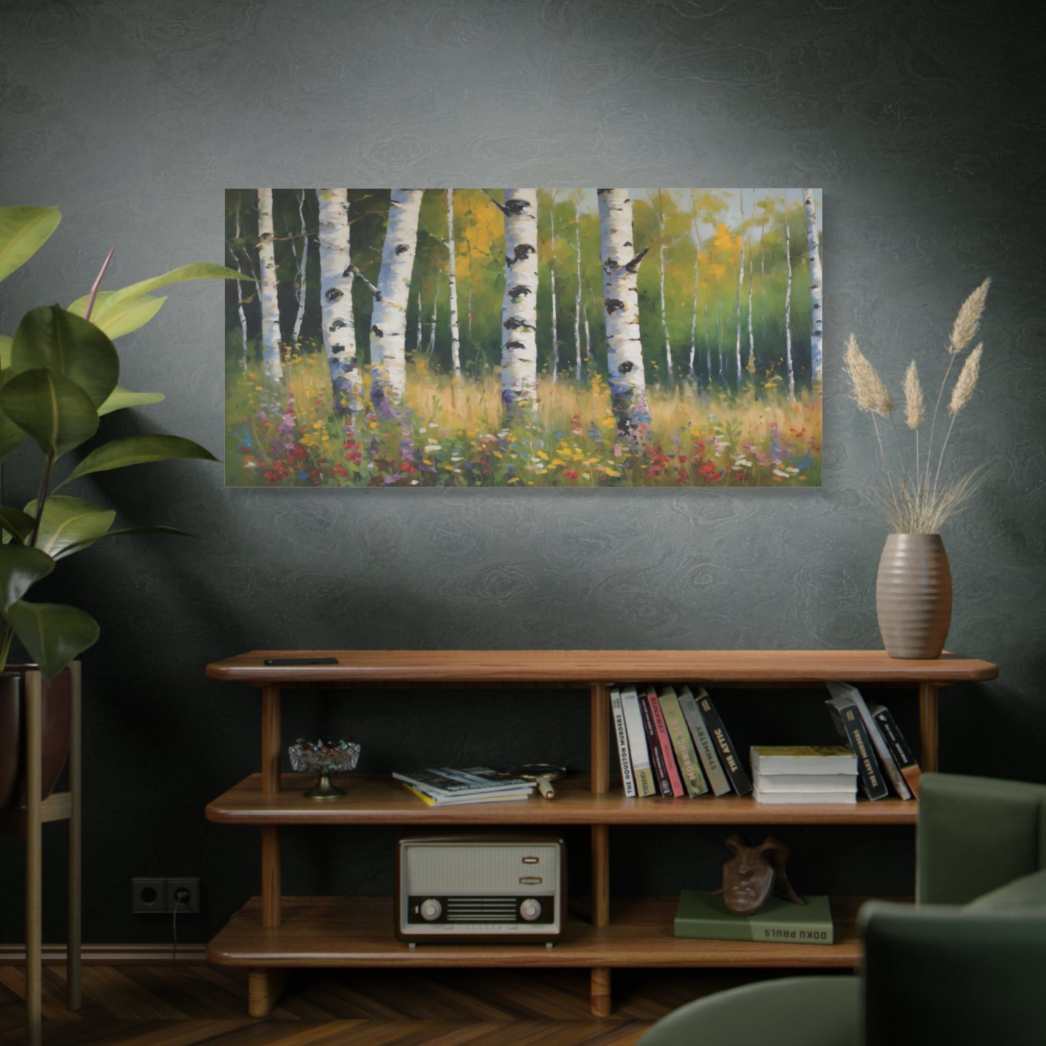 Spring  Wildflower Forest Oil Painting Print, Birch Trees Landscape Canvas Wall Art