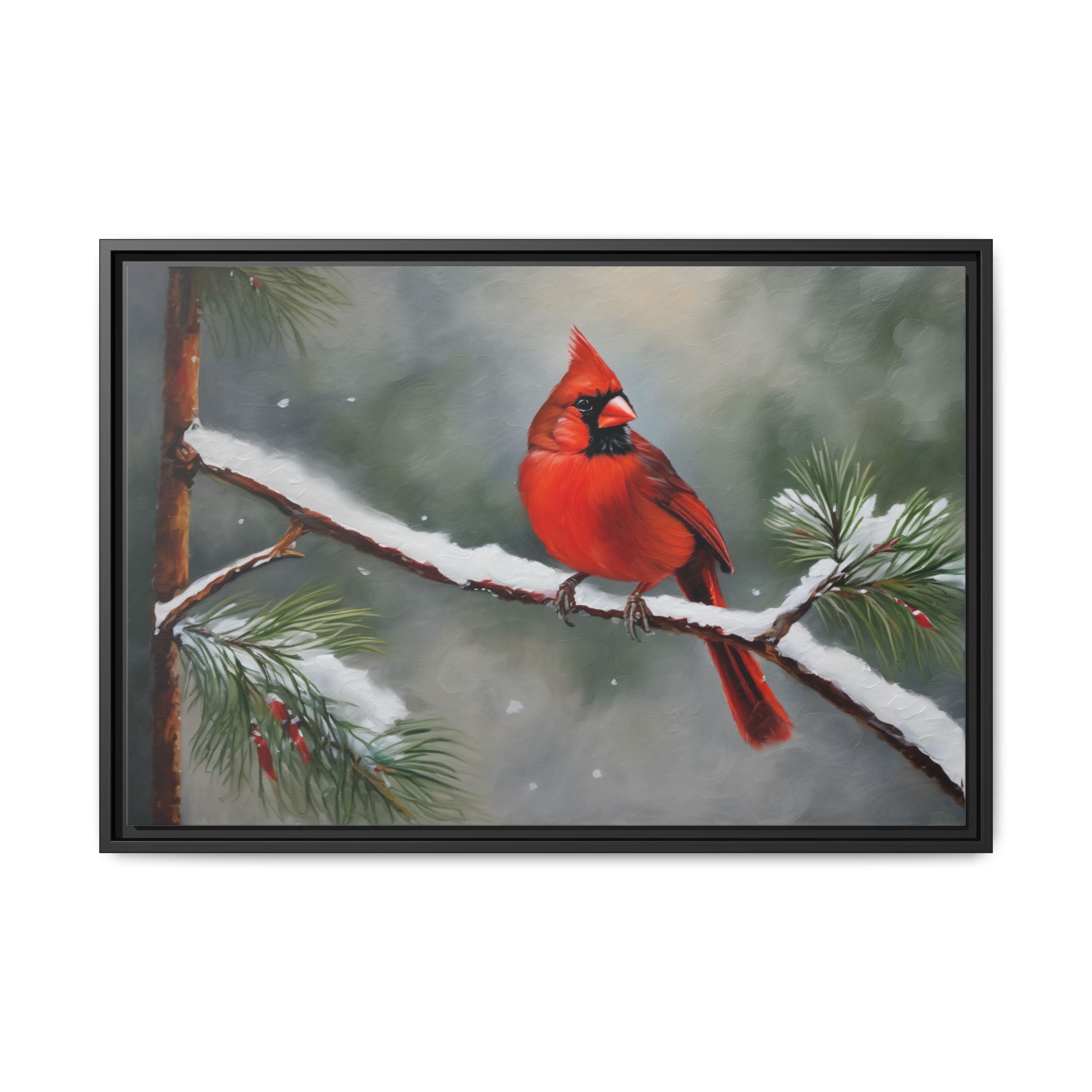Red Cardinal Oil Painting Print – Snowy Winter Wildlife Wall Art