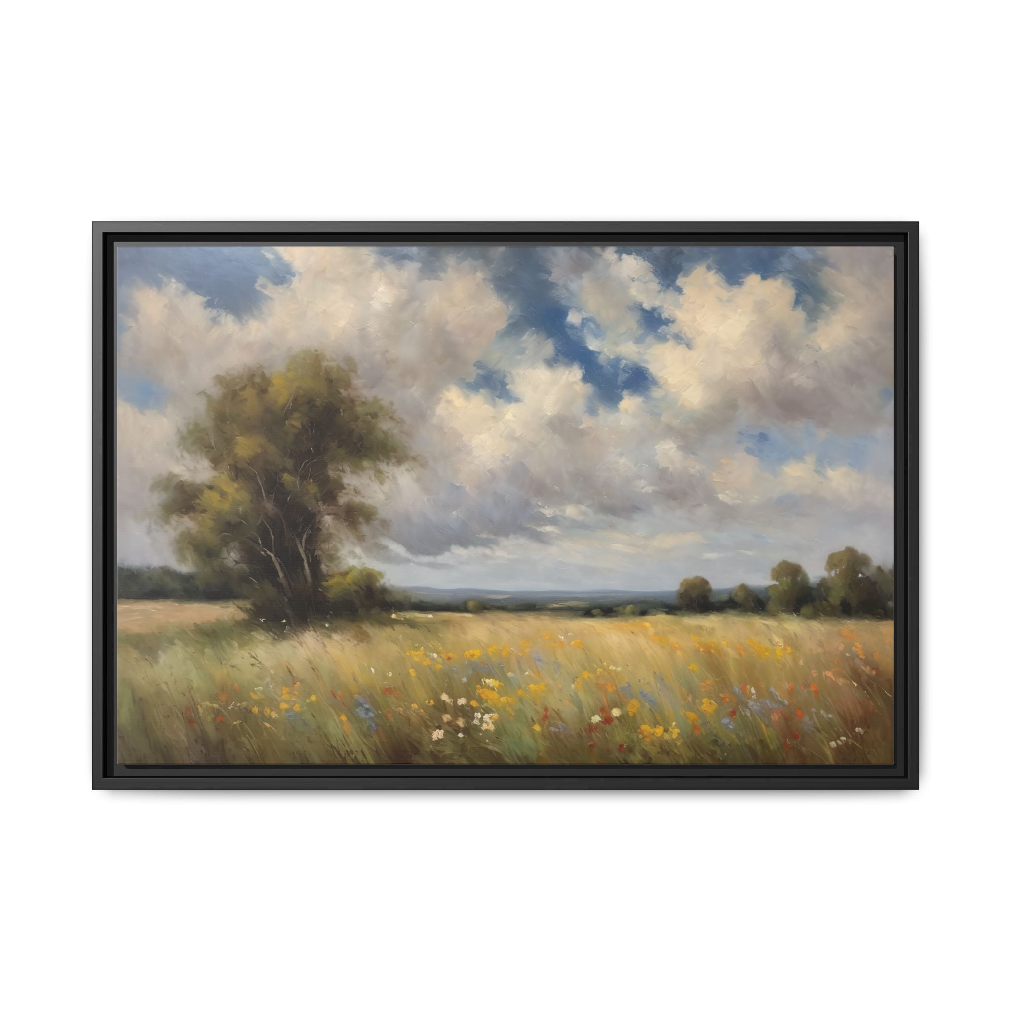 Vintage Wildflower Meadow Oil Painting Print – Rustic Countryside Landscape Wall Art