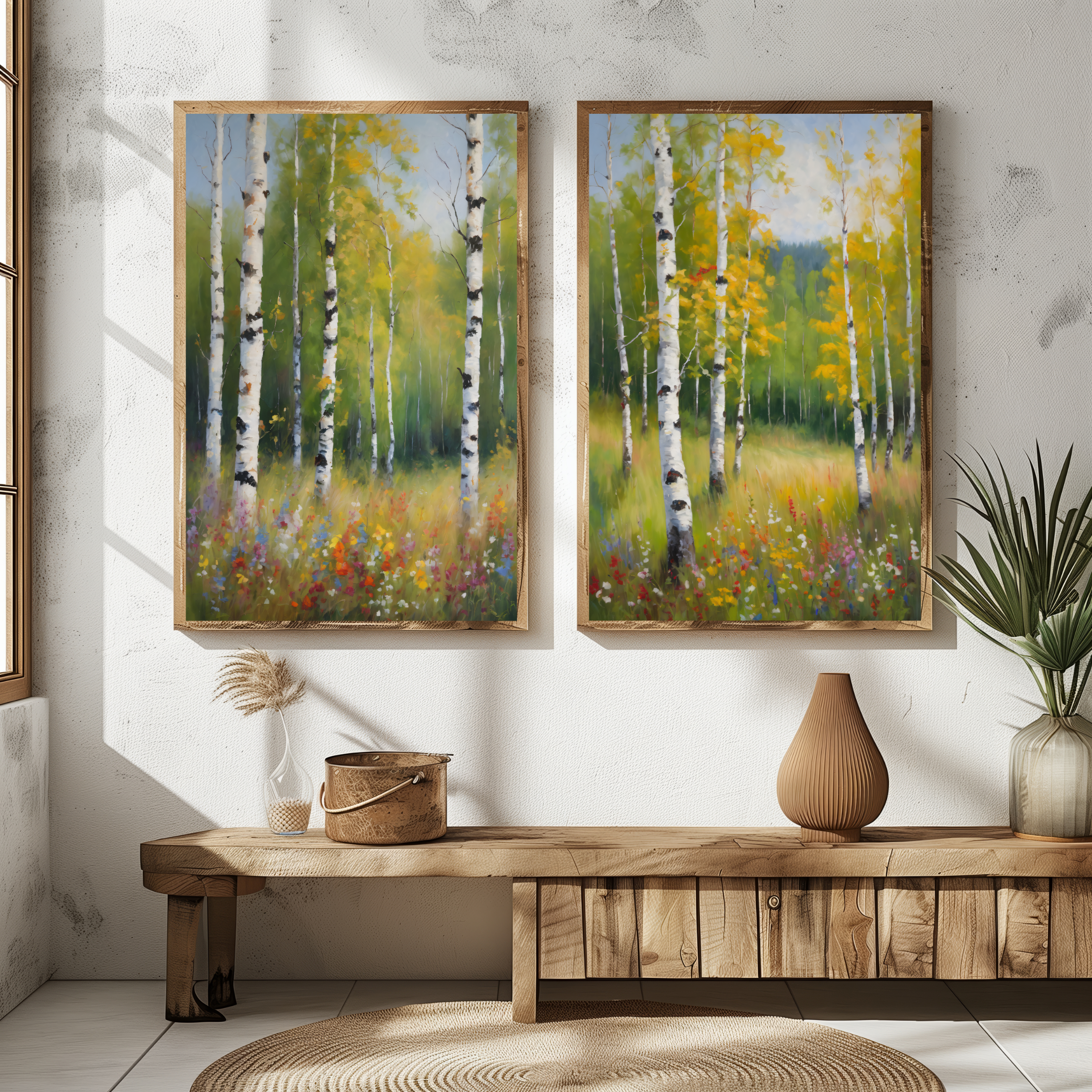 Set of 2 Birch Forest Oil Painting Prints, Spring Woodland Canvas Decor