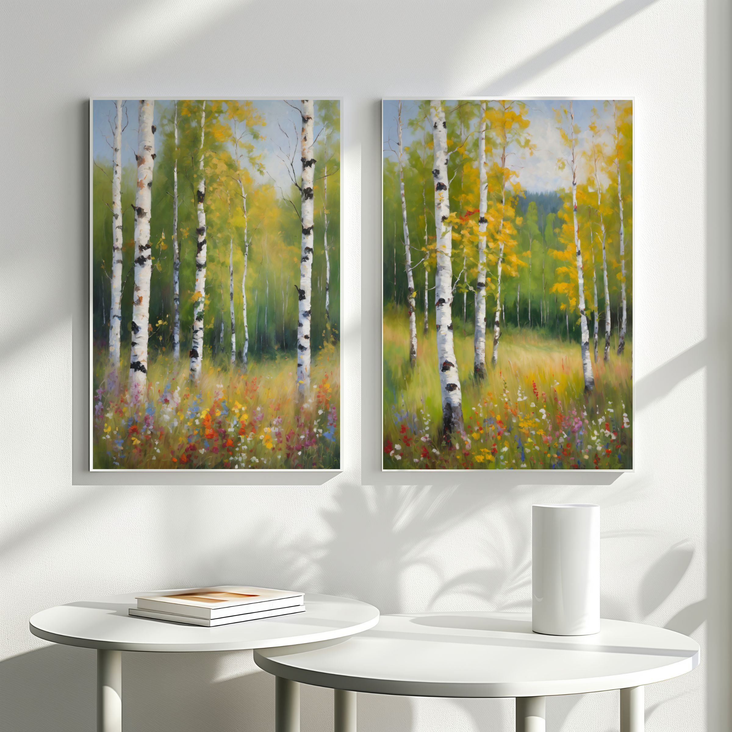 Set of 2 Birch Forest Oil Painting Prints, Spring Woodland Canvas Decor