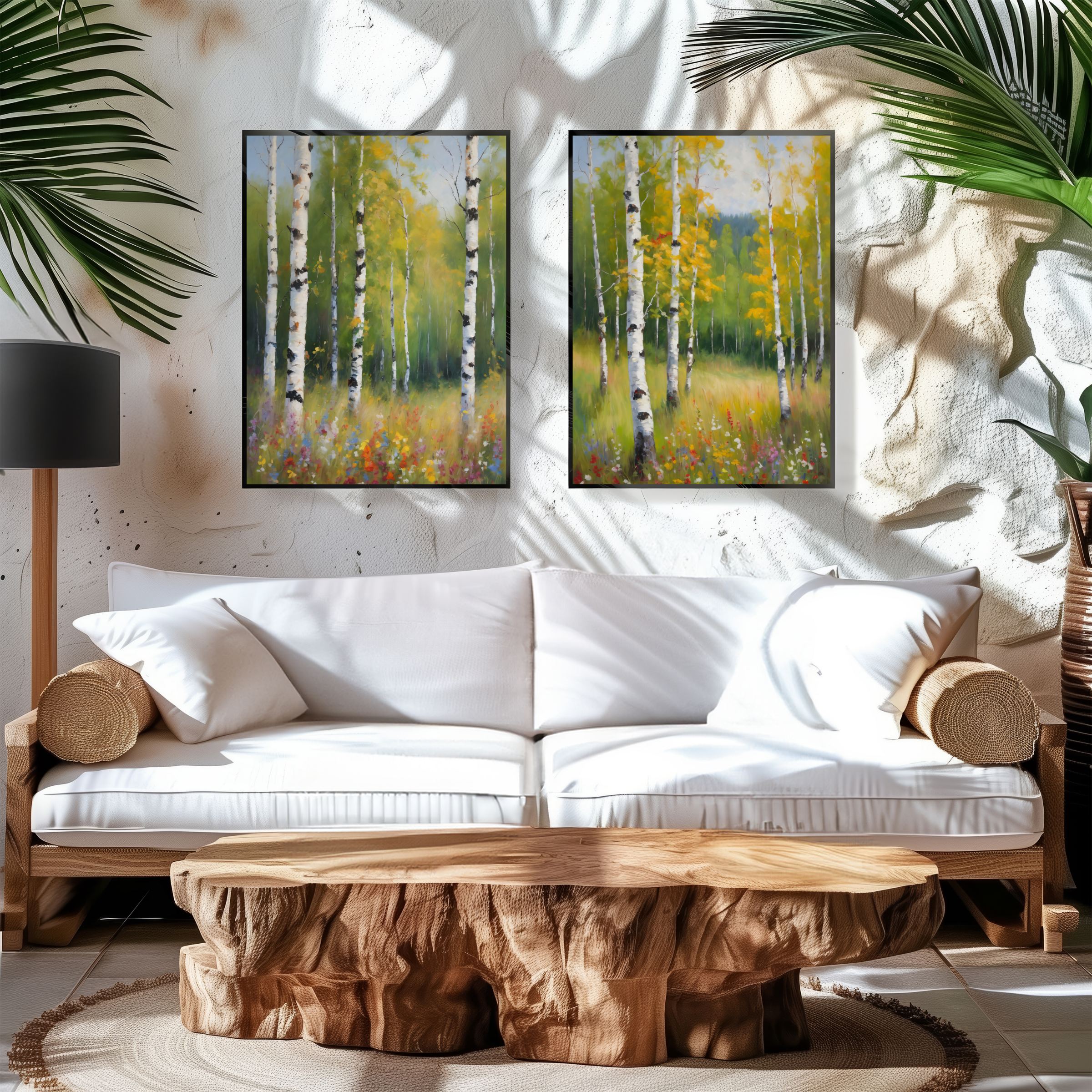 Set of 2 Birch Forest Oil Painting Prints, Spring Woodland Canvas Decor