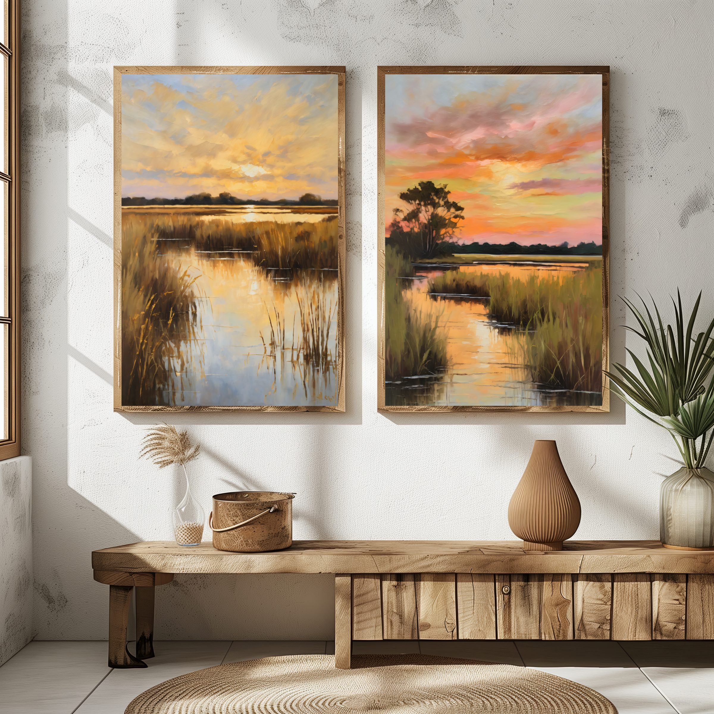 Set of 2 Salt Marsh Oil Painting Print – Lowcountry Sunset Landscape Wall Art