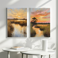 Set of 2 Salt Marsh Oil Painting Print – Lowcountry Sunset Landscape Wall Art
