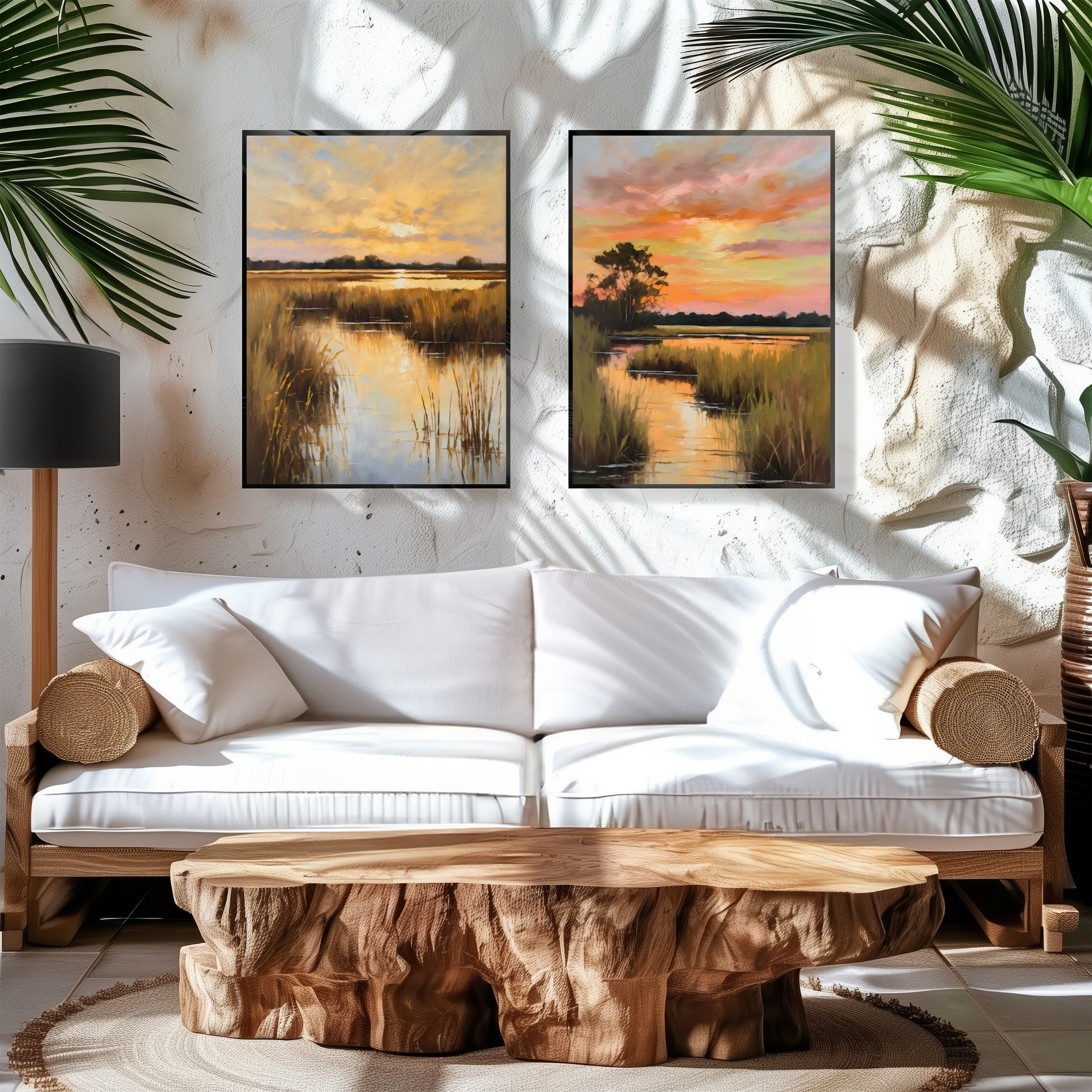 Set of 2 Salt Marsh Oil Painting Print – Lowcountry Sunset Landscape Wall Art
