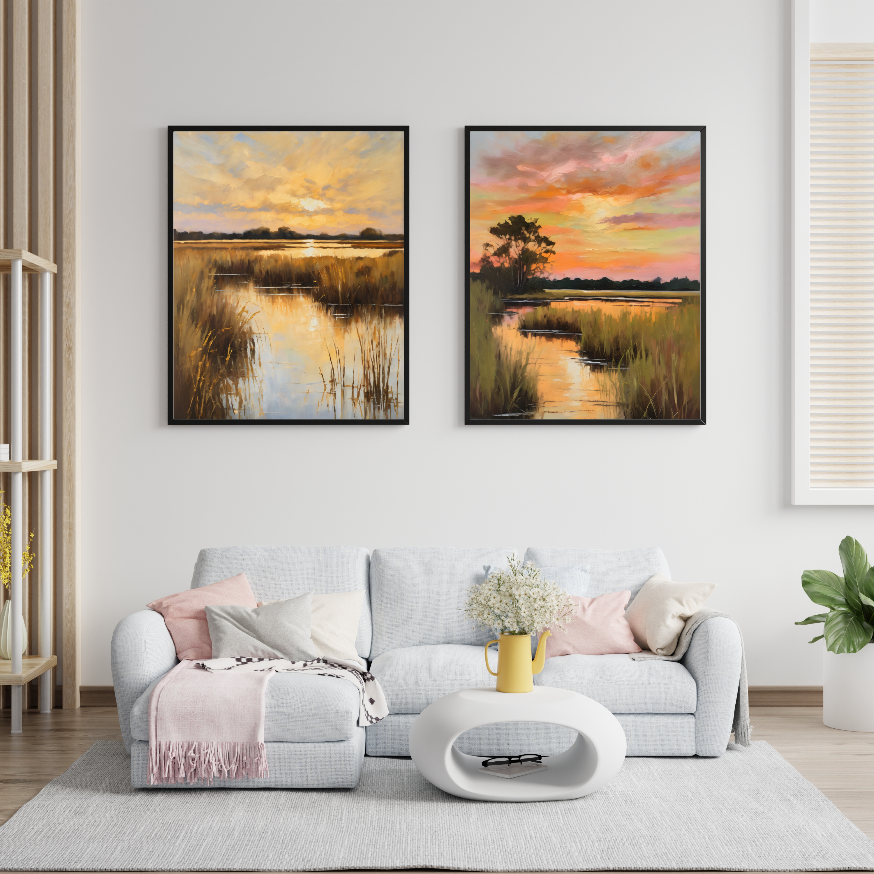 Set of 2 Salt Marsh Oil Painting Print – Lowcountry Sunset Landscape Wall Art
