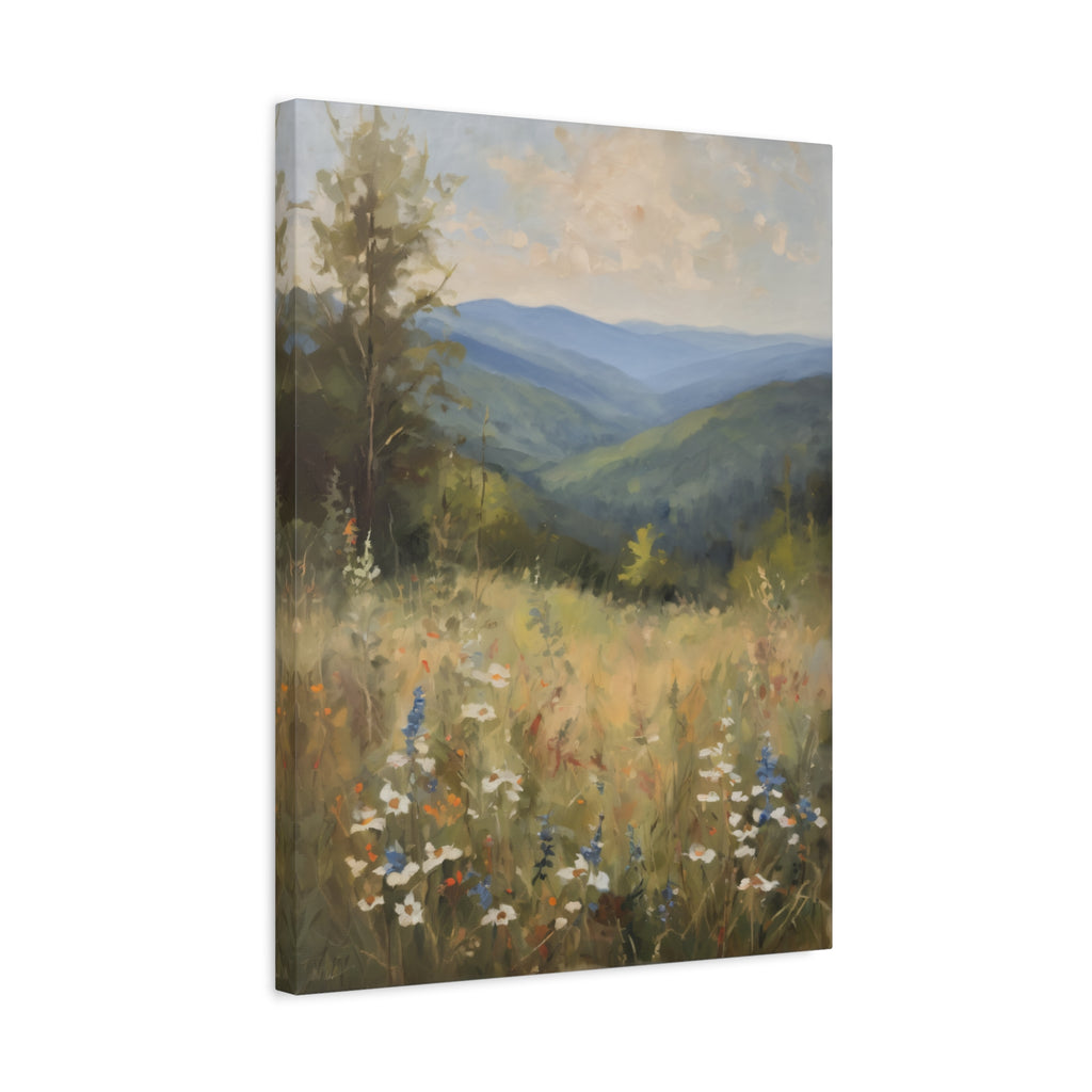 Blue Ridge Mountains Oil Painting, North Carolina Landscape Canvas, Appalachian Wall Art, Mountain Wildflowers Decor