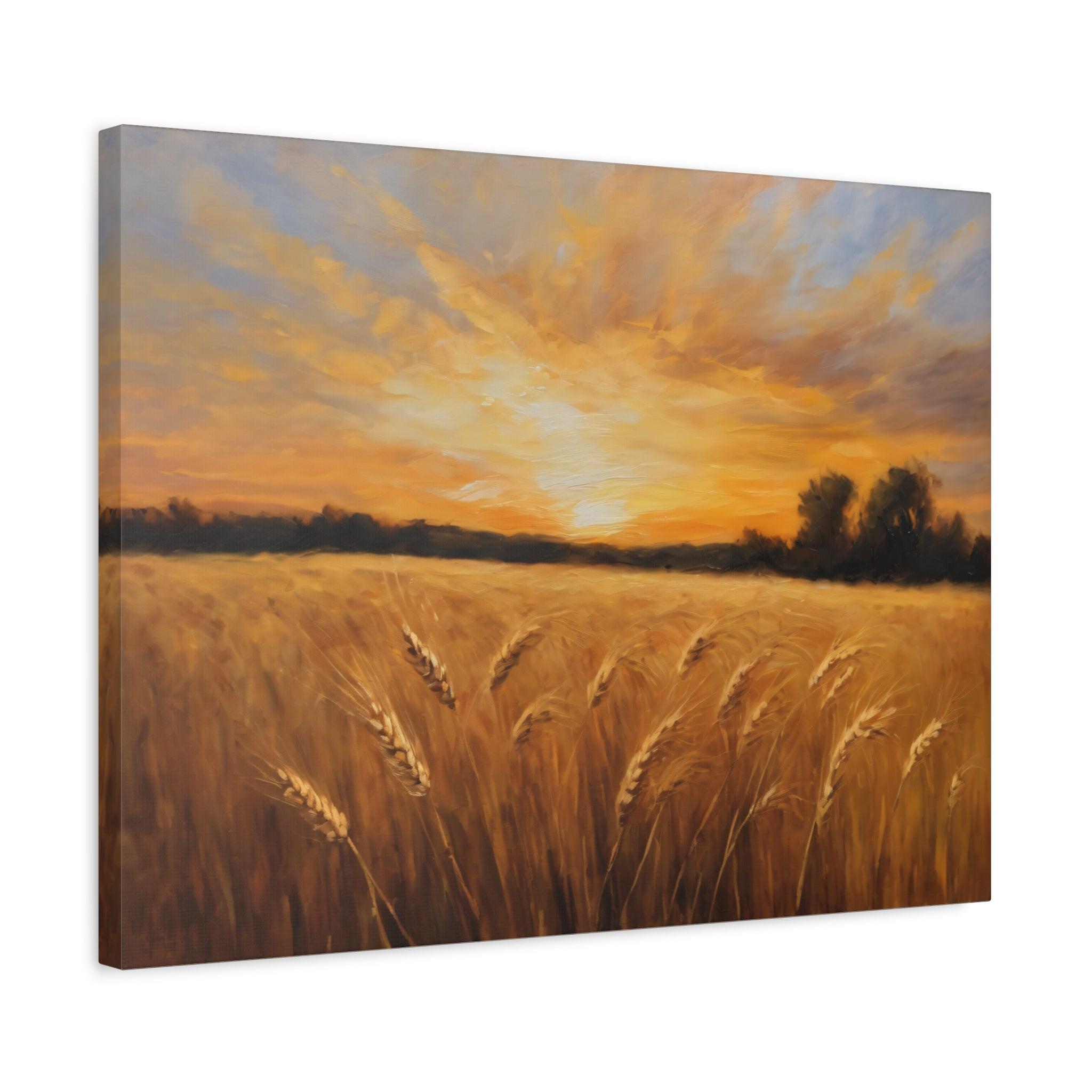 Golden Wheat Field Oil Painting Print – Rustic Farm Landscape Wall Art