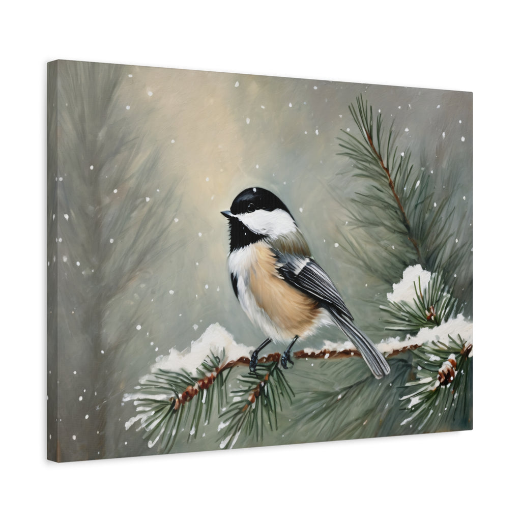 Chickadee Bird Oil Painting Print – Winter Pine Wildlife Wall Art