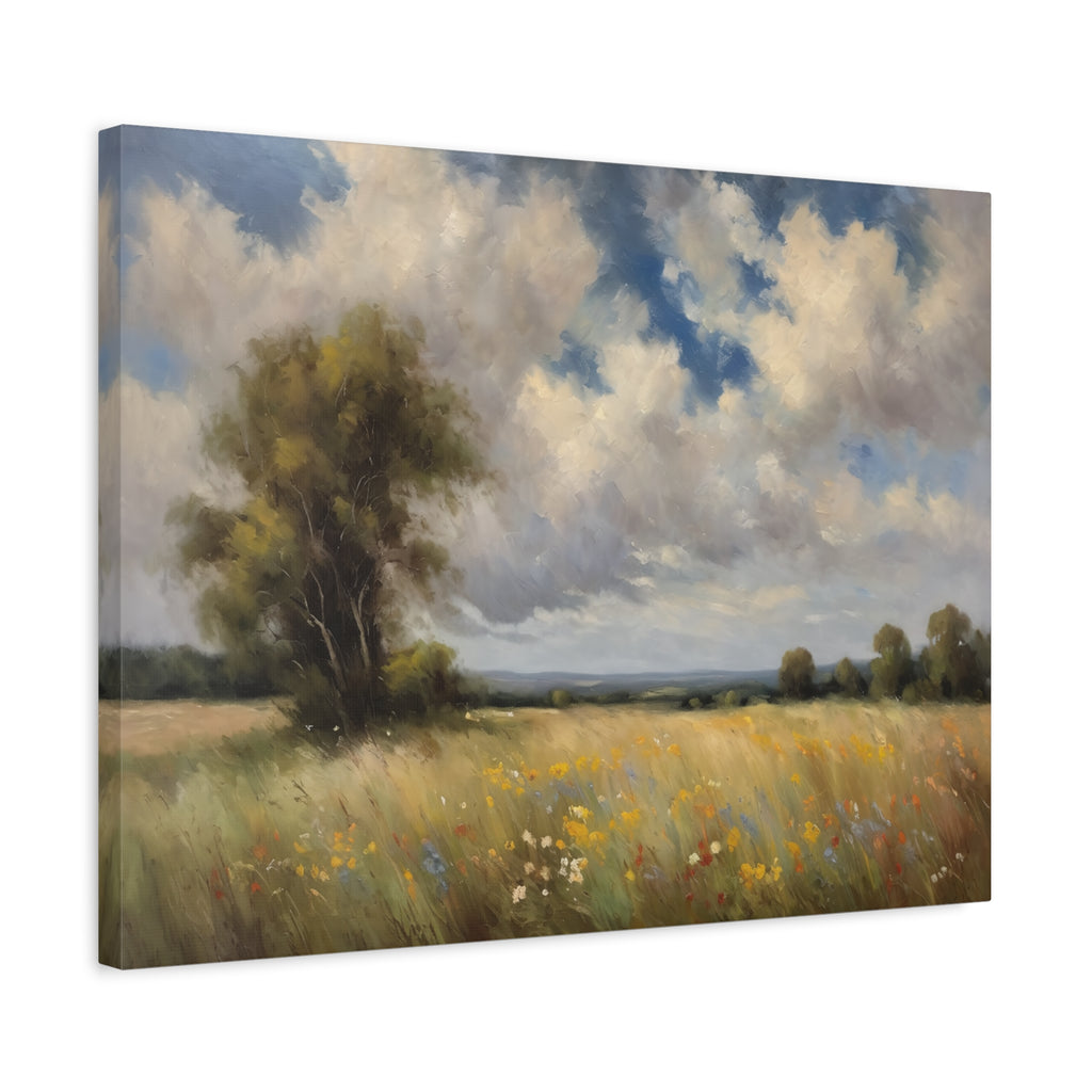 Vintage Wildflower Meadow Oil Painting Print – Rustic Countryside Landscape Wall Art