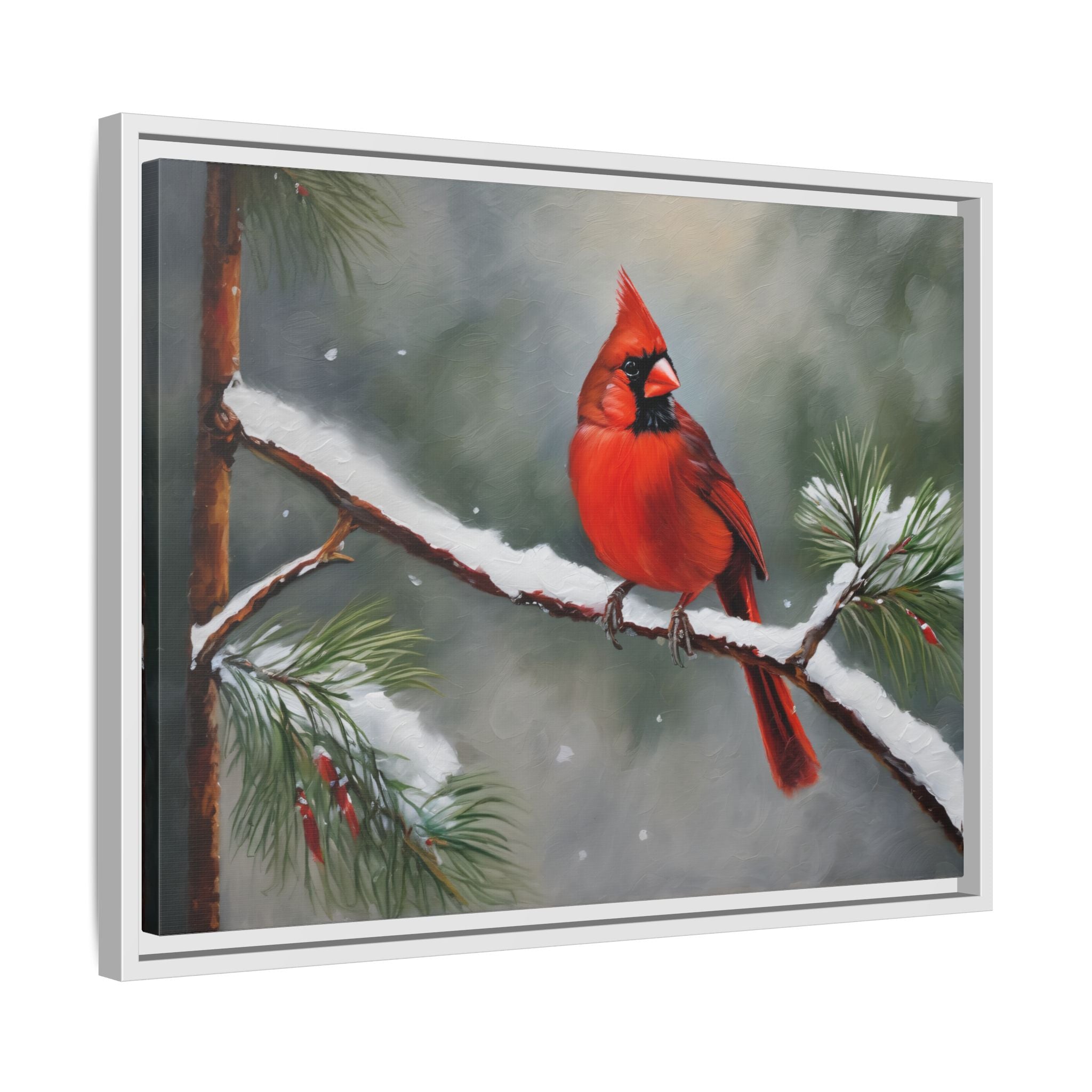 Red Cardinal Oil Painting Print – Snowy Winter Wildlife Wall Art