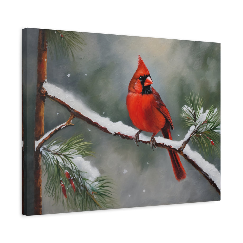 Red Cardinal Oil Painting Print – Snowy Winter Wildlife Wall Art