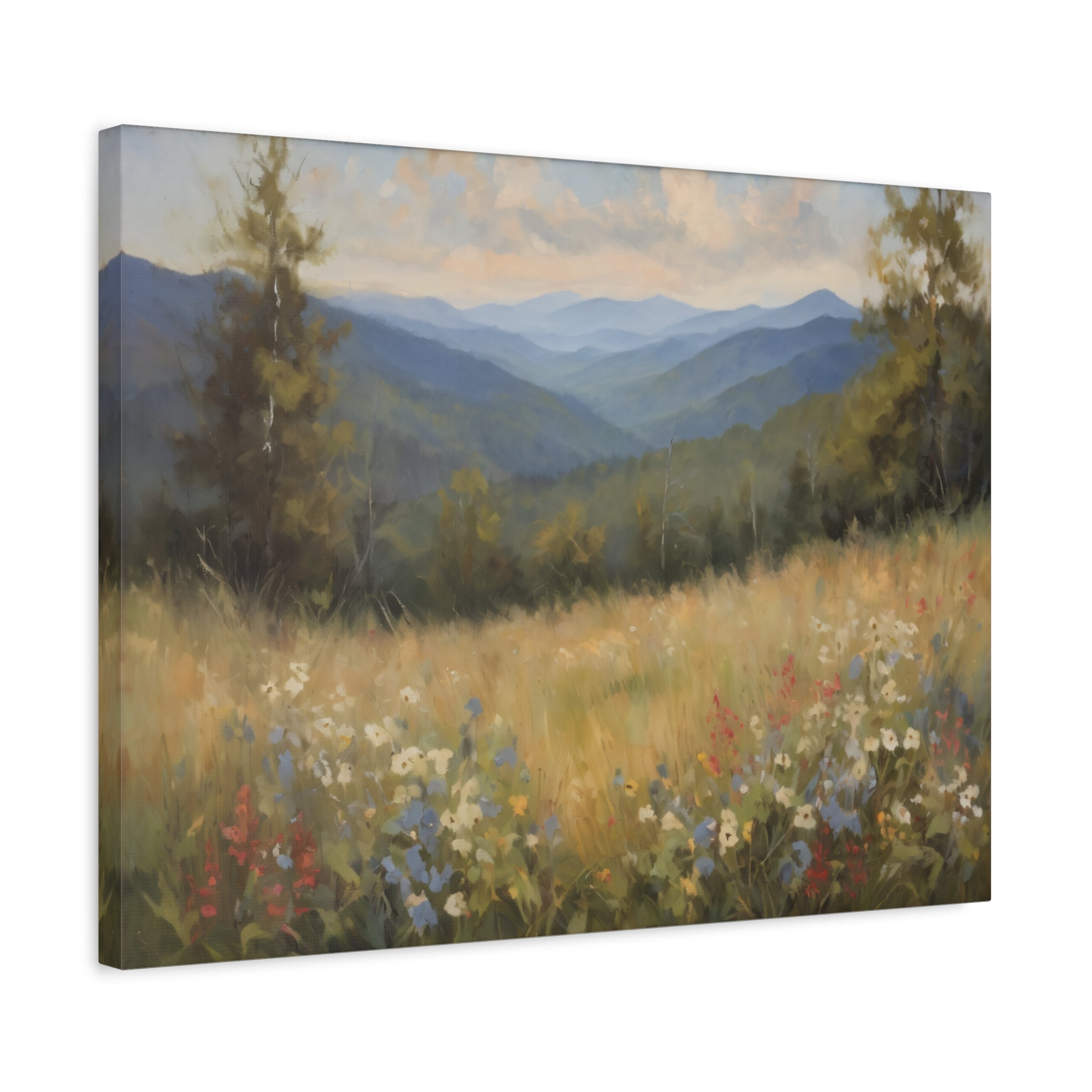 Blue Ridge Mountains Oil Painting Print, Wildflower Landscape Canvas Decor