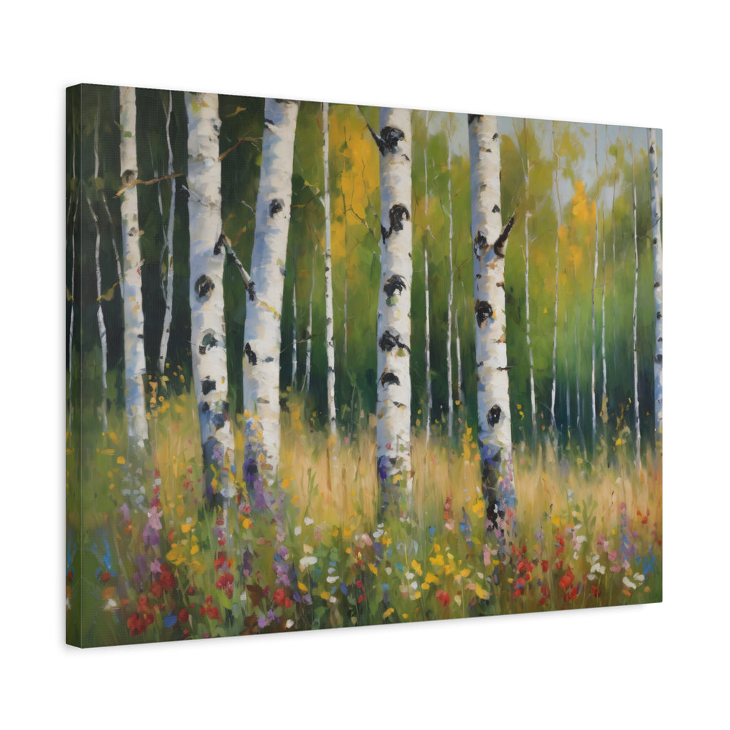Spring  Wildflower Forest Oil Painting Print, Birch Trees Landscape Canvas Wall Art