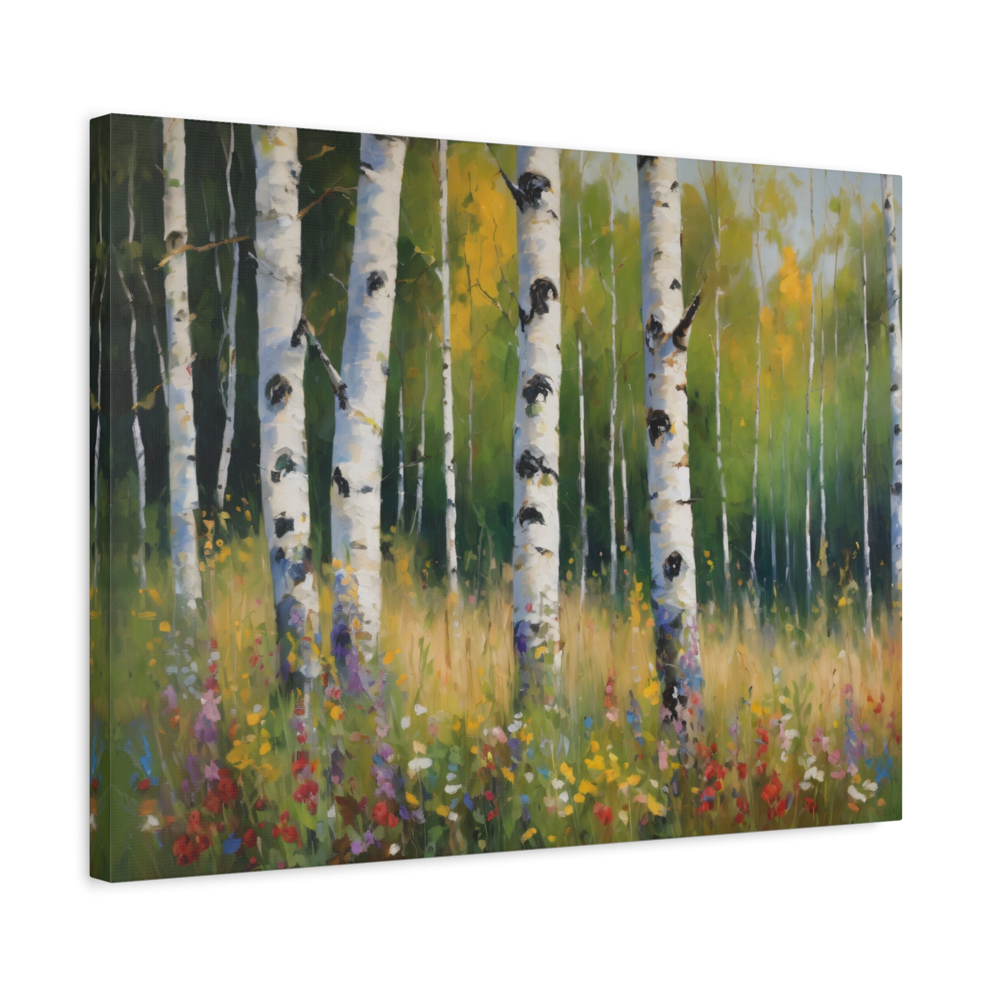Spring  Wildflower Forest Oil Painting Print, Birch Trees Landscape Canvas Wall Art